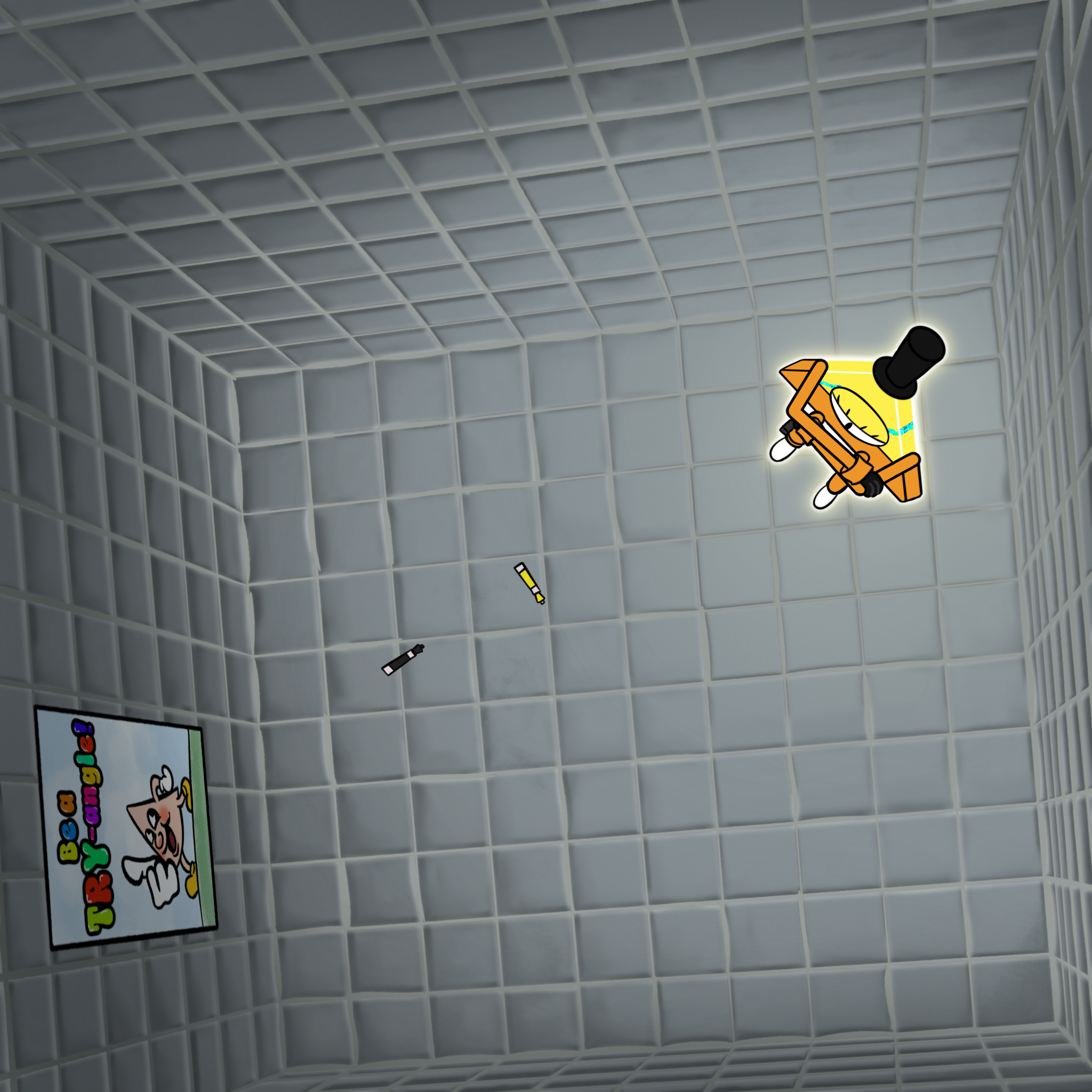 Digital drawing of a cell-like room seen from above, consisting entirely of dull gray tiles. In one corner Bill Cipher sits with his arms crossed over his knees. There's a black and yellow marker on the floor, and a poster on one wall that says "Be a TRY-angle!" in bubbly letters with a creepy flesh-colored triangle with a human face walking and giving a thumbs up. The room is otherwise completely bare. There don't appear to be any doors into the room.