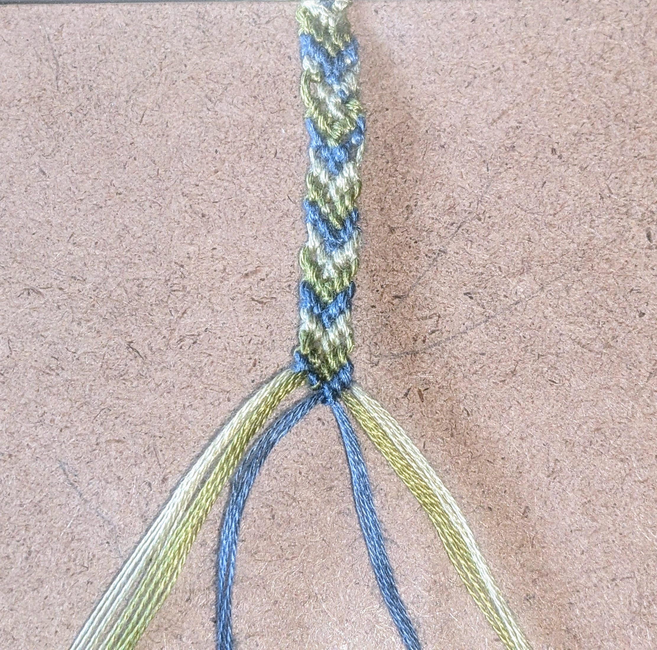 a photo of a chevron friendship bracelet that is still in progress, with an alternating V pattern in greenish-cream, olive, and teal