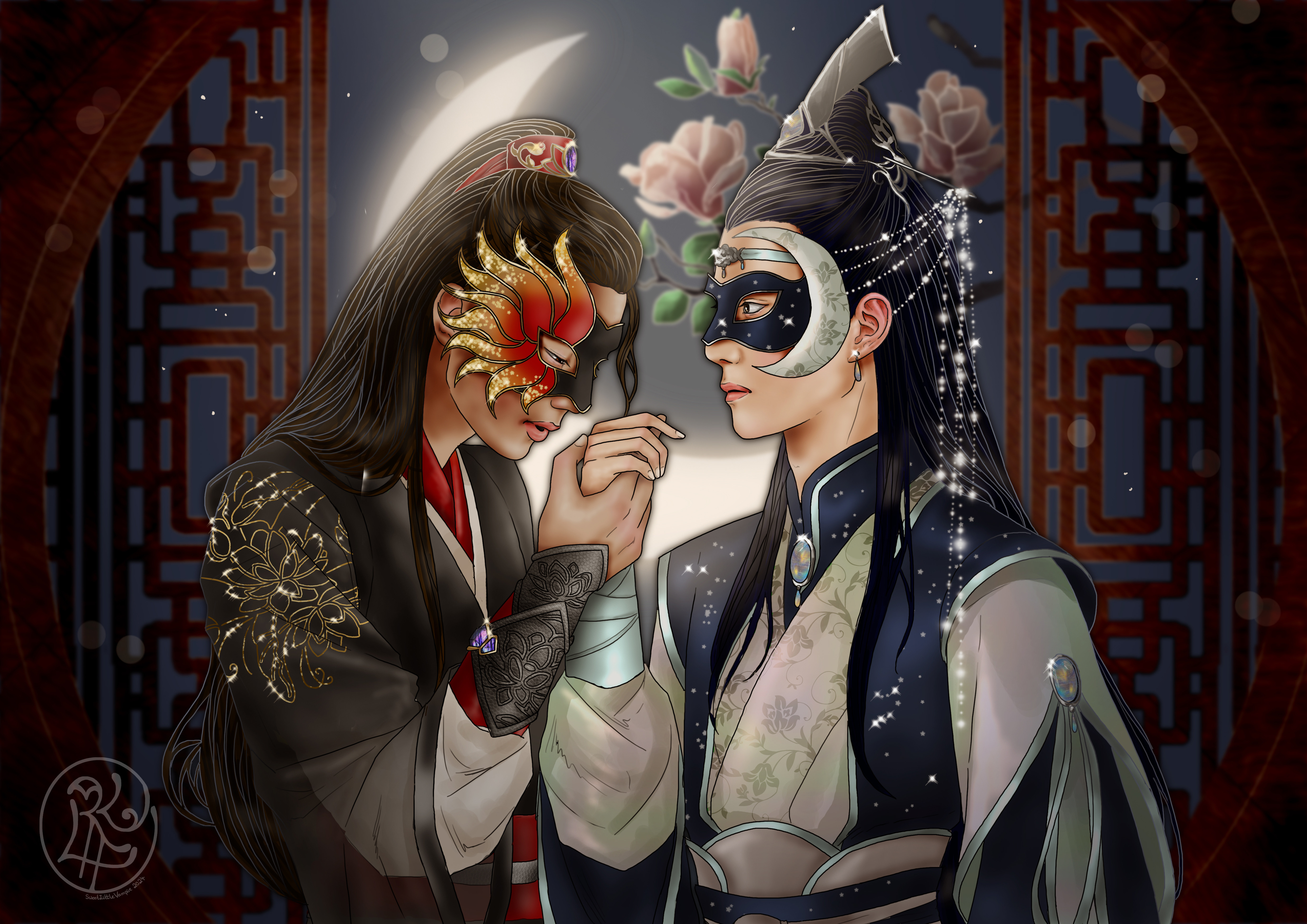 A digital fan art of Wei Wuxian and Lan Wangji as seen in The Untamed., drawn by AO3 user sweetlittlevampire.  It shows the two characters at a masquerade ball, their faces covered by half masks. Lan Wangji is wearing a moon-themed one, while Wei Wuxian's is sun-themed. Wei Wuxian is holding Lan Wangji's hand, as if to place a kiss onto it. The background shows blooming magnolia branches and a crescent moon.