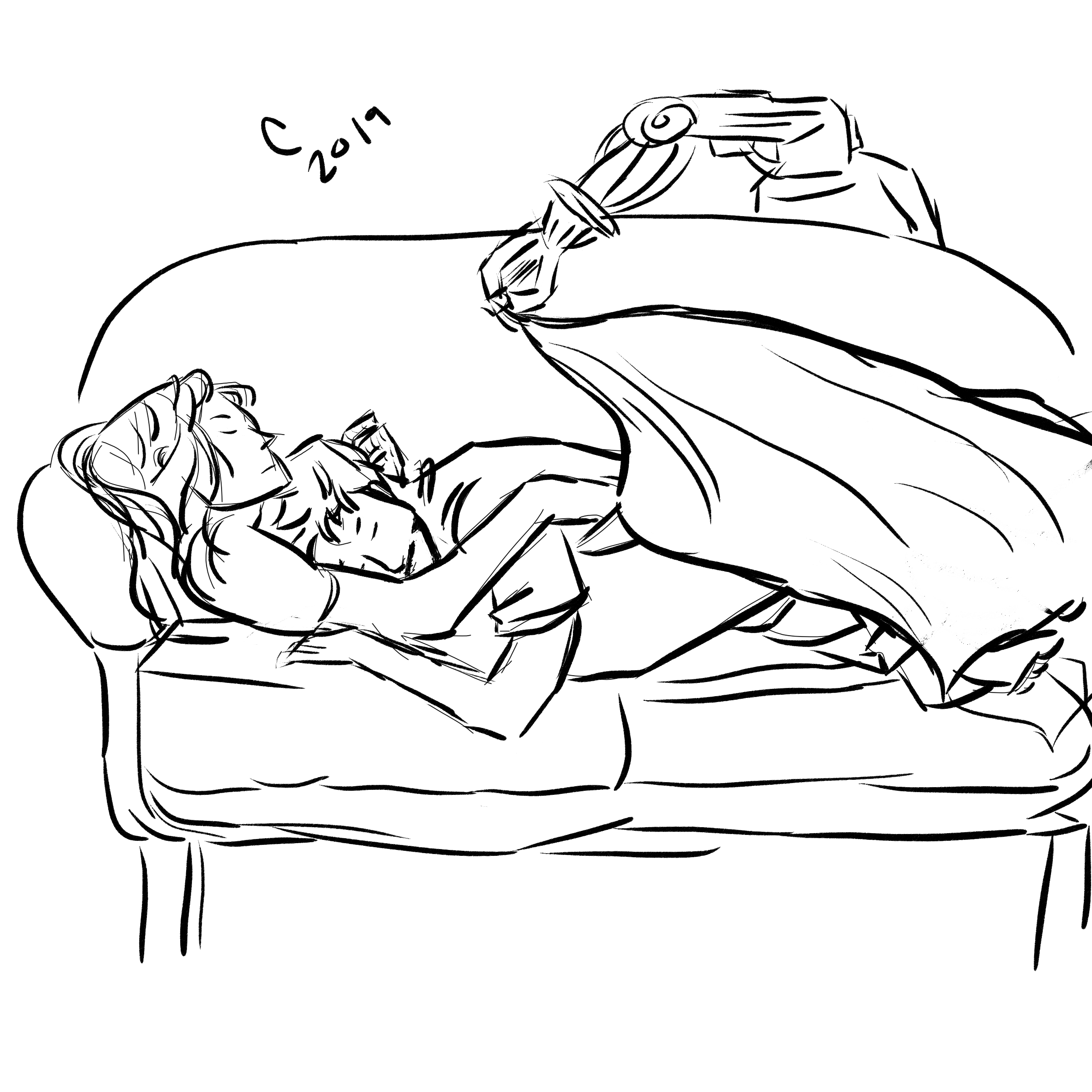 Winteriron sleeping on the couch while DUM-E covers them with a blanket 