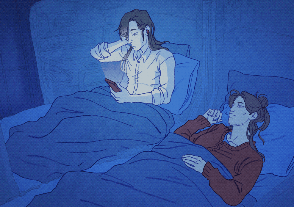 Hua Cheng and Xie Lian share the bed of an airplane's first class couples' pod. Xie Lian lies on his back, sleeping peacefully, while Hua Cheng scrolls on his phone, supporting his head on a hand while sitting on the bed. His eye widens every now and then in reaction to what he sees on his screen