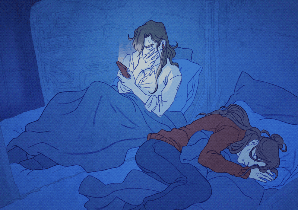 Hua Cheng, still sitting in bed with his phone at hand, covers his mouth with the other in a gesture of stress. His eye darts frantically between the screen and Xie Lian, who's now sleeping on his side, giving his back to him.