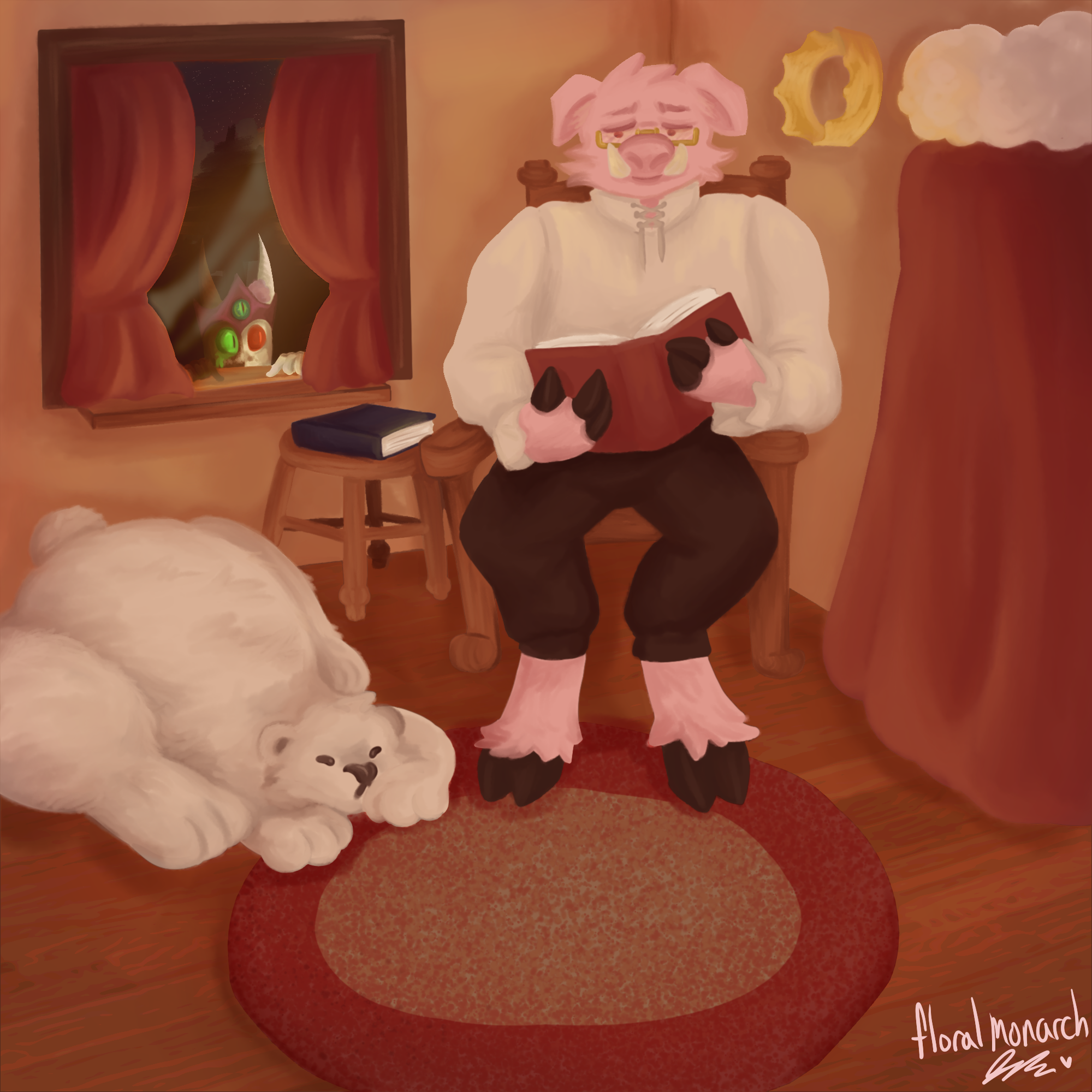 A warm sitting room. Technoblade, a large pig man, is reading a book, holding it tilted towards a window, where Ranboo, a black and white enderman lurks, reading over his shoulder.