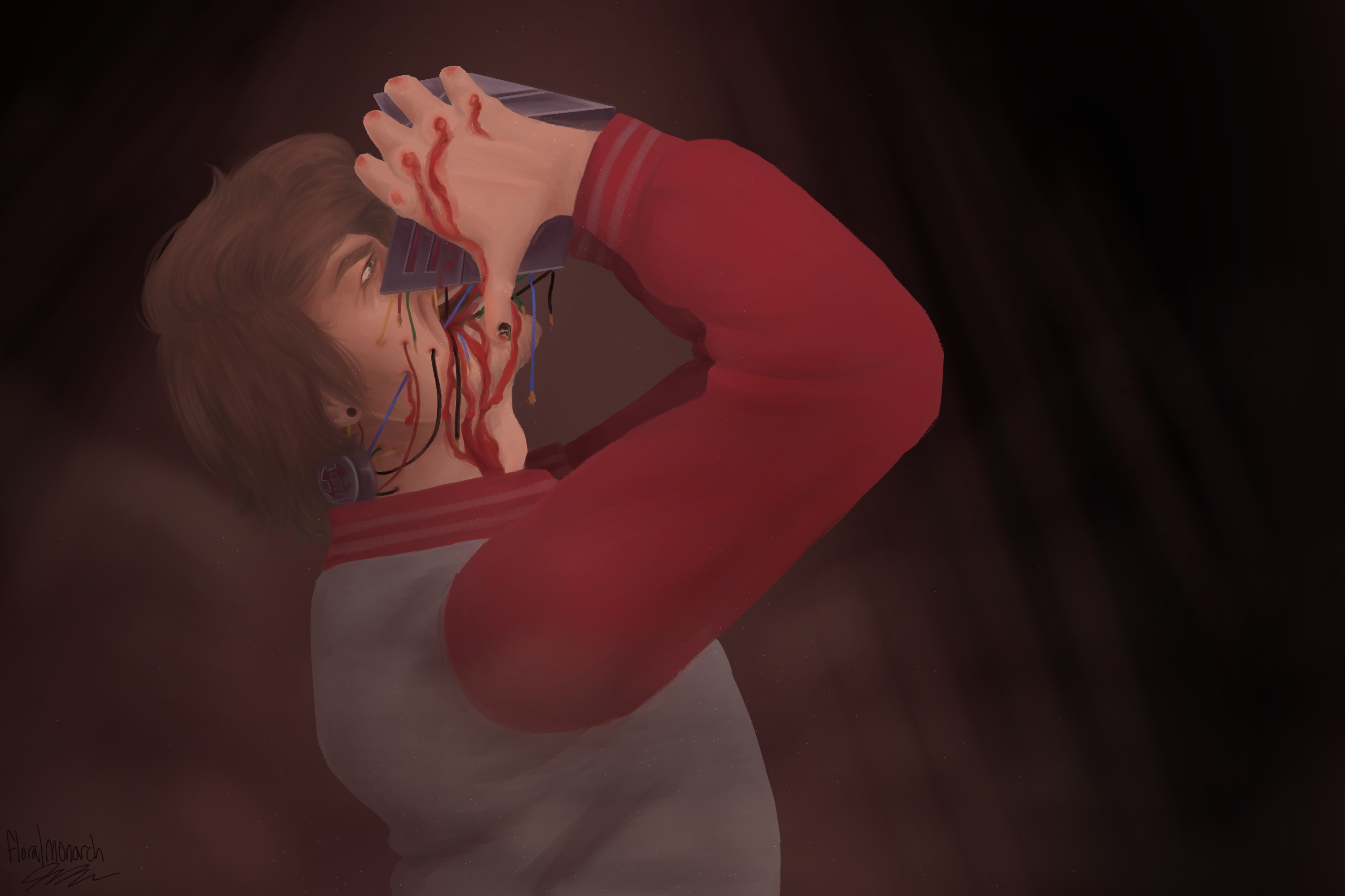 generation loss ranboo standing in profile, with their head tilted back. they are pulling their mask away from their face. some wires hang loose from the side of the mask, broken, while others thread into their mouth and through the skin of their cheek, pulled taut. blood flows out of their mouth and down the back of their hand. their knuckles are bloodied. their expression is pained, and a single tear runs down their cheek.