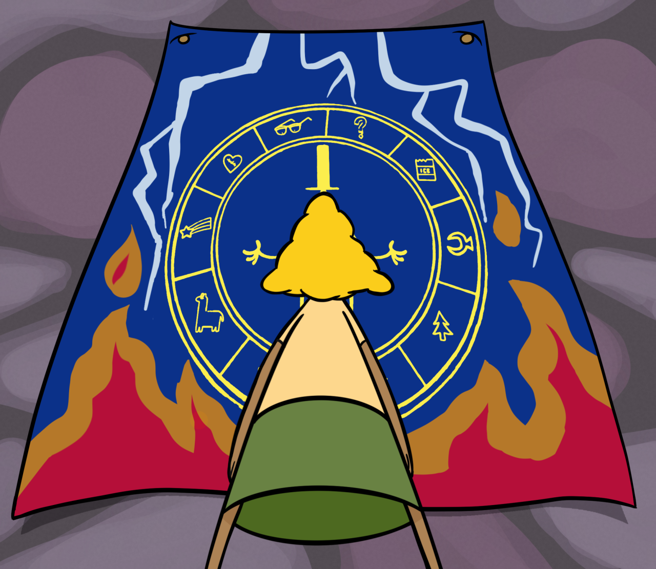 A drawing of human Bill Cipher seen from the back as he looks up at a tapestry hanging on the wall. The tapestry depicts a yellow Bill Cipher zodiac—a circle with Bill in the center and ten symbols around him—on a dark blue background. there's a flame design on the bottom edge of the tapestry and lightning bolts on either side of the zodiac. Human Bill's head is framed so that his triangular haircut is right over the body of the triangle Bill on the tapestry.