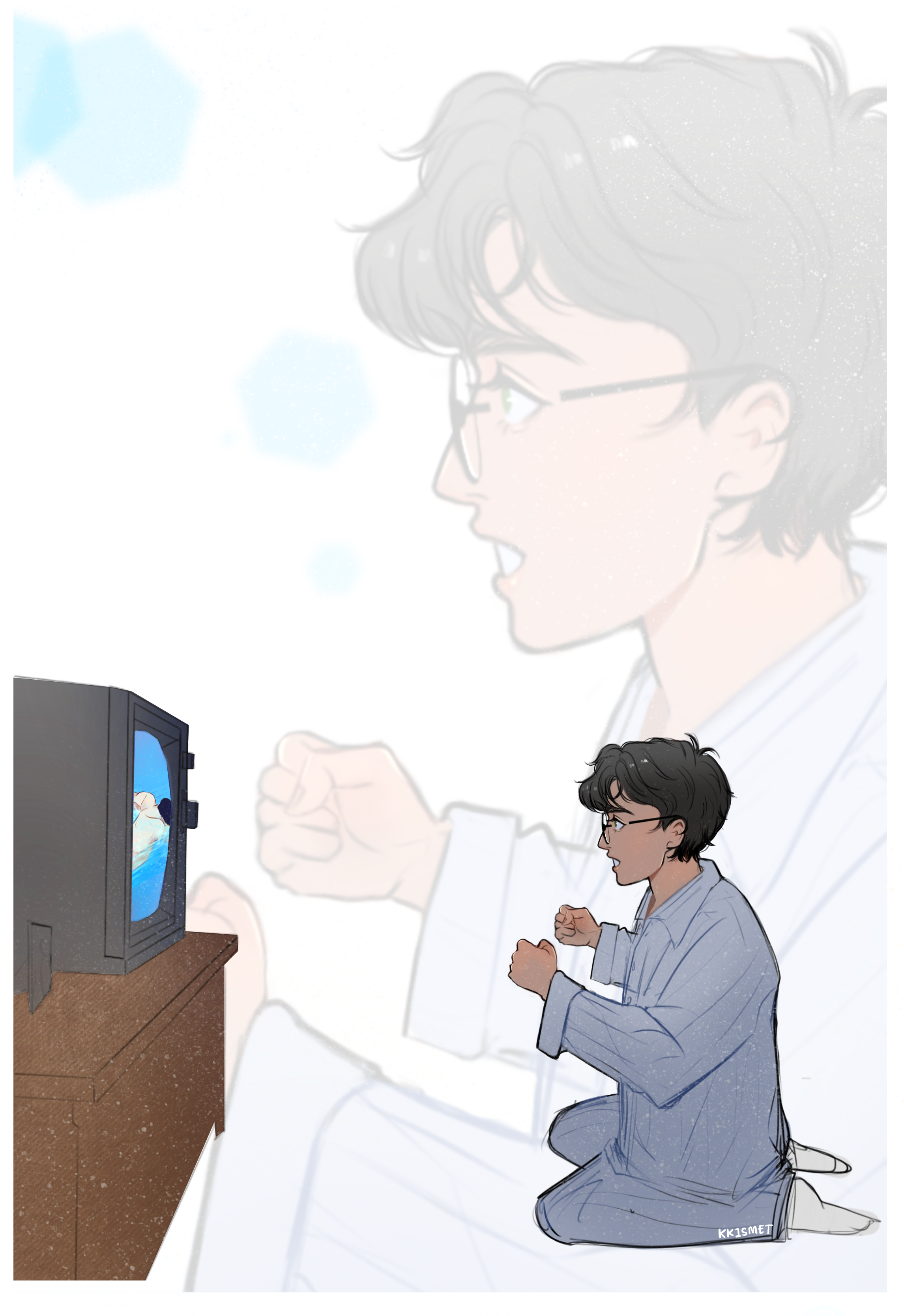 A young Harry sitting in front of a TV, cheering for the swimmer.