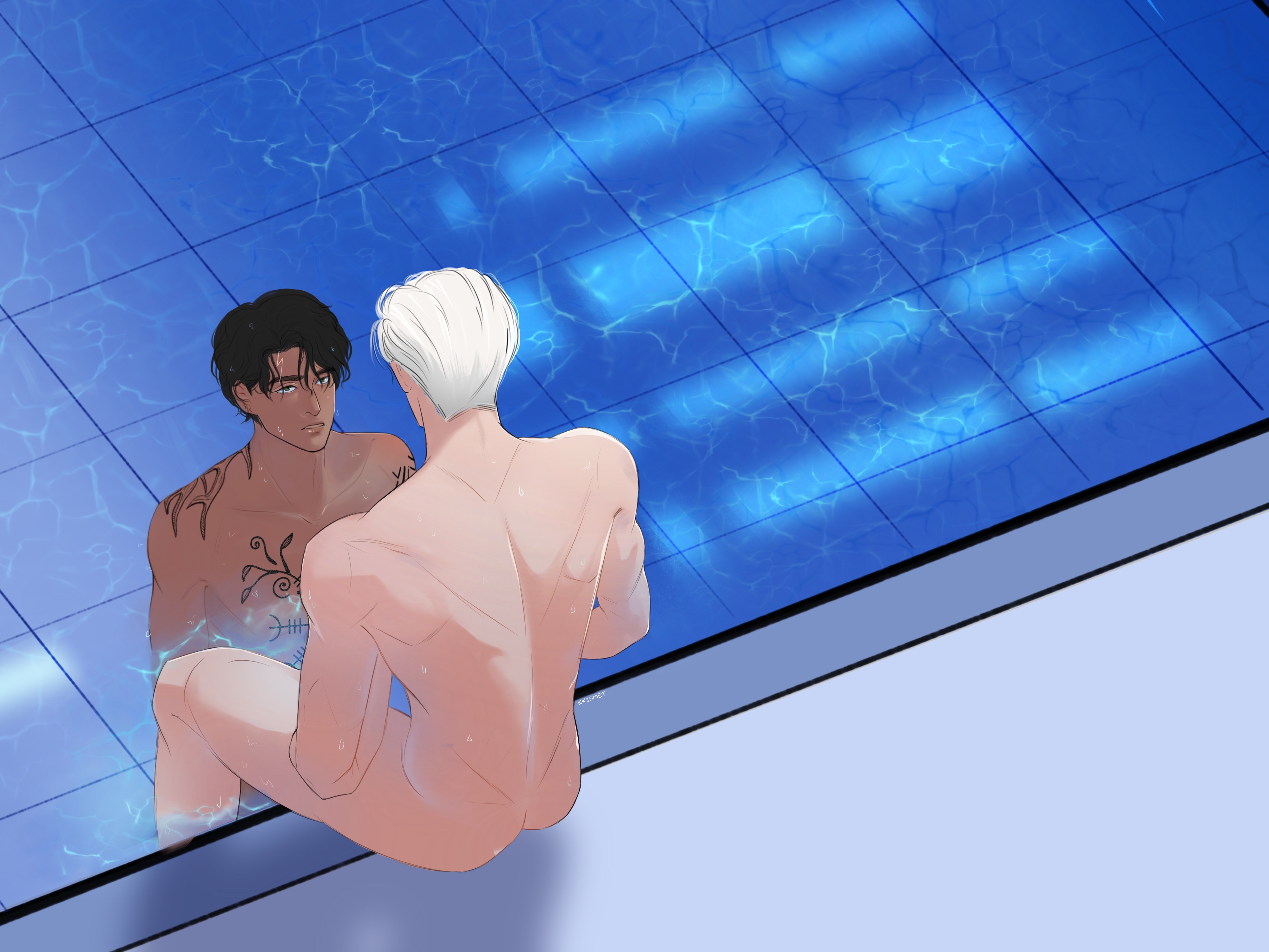 Three art panels with the following scenes: The first panel depicts a skinny dipping scene with Draco sitting on the edge of a pool, his entire back visible, while Harry is in the water, looking up at him. The second panel offers a top-view angle focused on Draco, and the third panel zooms in on Harry's head, with Draco's hand gripping on his hair.