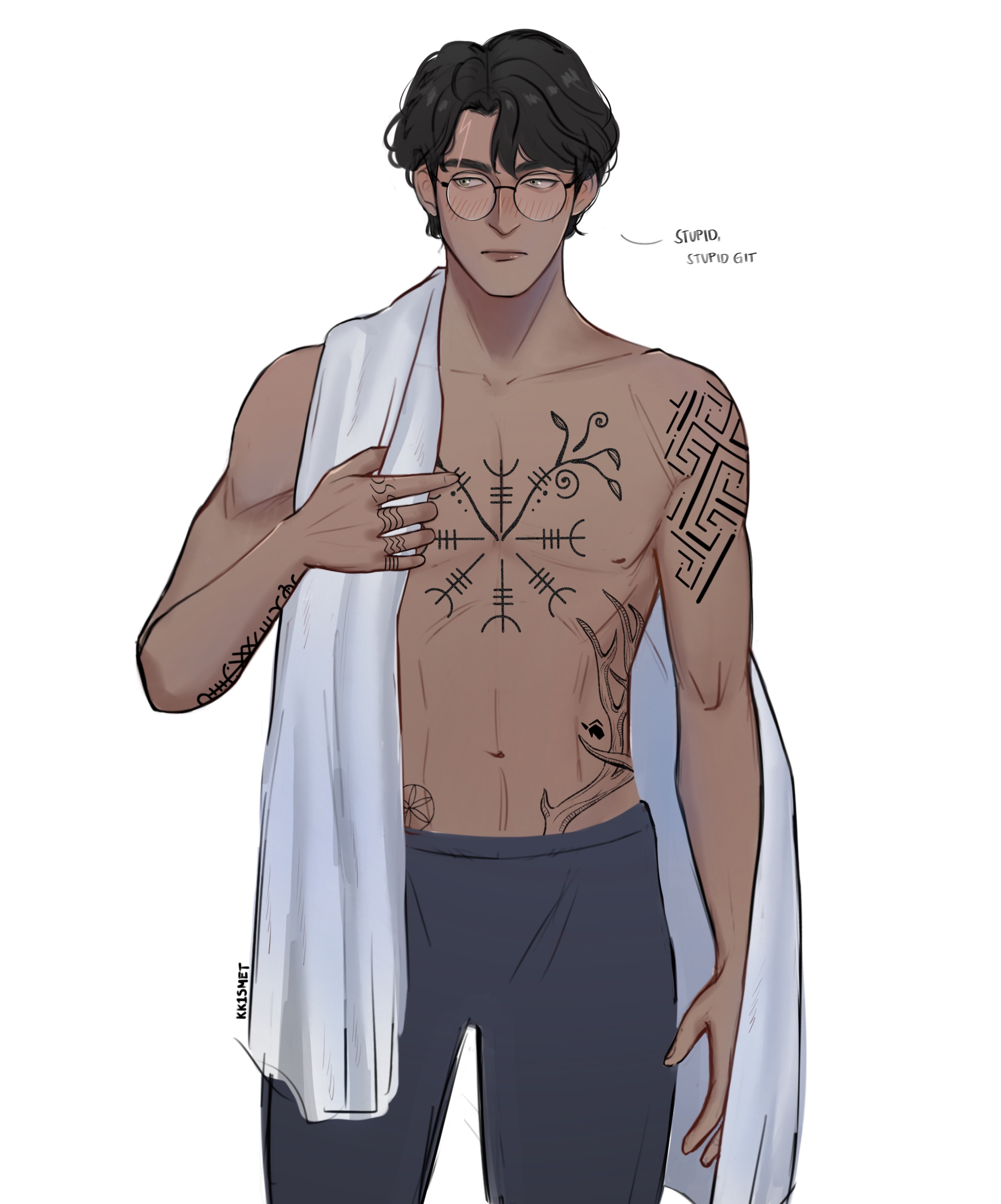 Harry stands, looking sideways, draped in a white bath towel with his upper body exposed. His black ink tattoos are prominently displayed: a seiðr on his chest, a weaving labyrinth with varying line thickness running from his right shoulder to his bicep, a small unicorn rune and antlers wrapping around to his back on his right flank, an entwined line of runes called the "mark of the blacksmith" on his left forearm, a hexafoil on his left hipbone, and various monolines representing natural earth elements on each of his left fingers.
