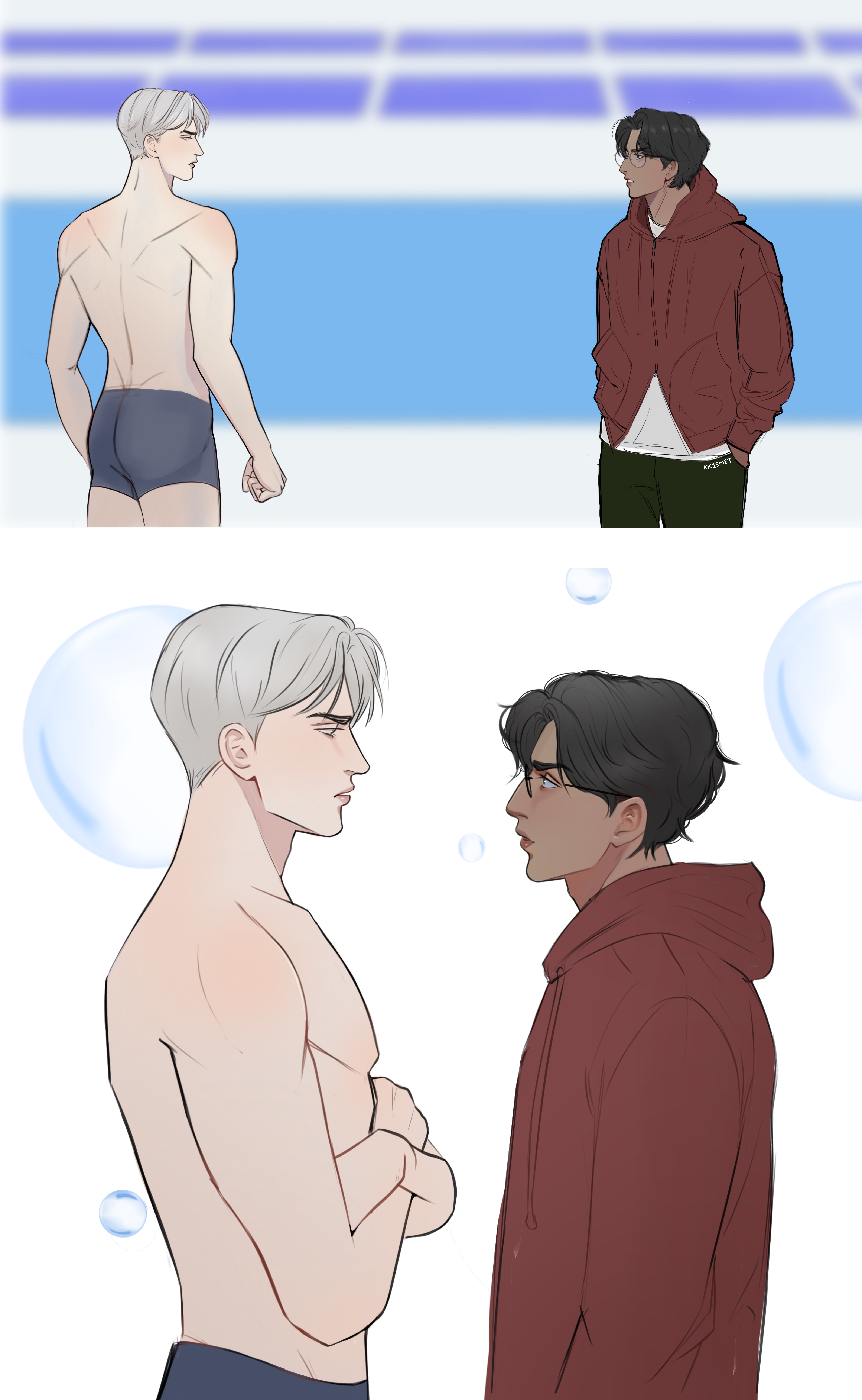 Two art panels show Draco, shirtless and wearing a short, bluish-gray aquashort, and Harry, dressed in a maroon oversized hoodie, white T-shirt, and black jeans. They exchange surprised glances, with speech bubbles reading, "Potter?", "Malfoy?", and "What are you doing here?"