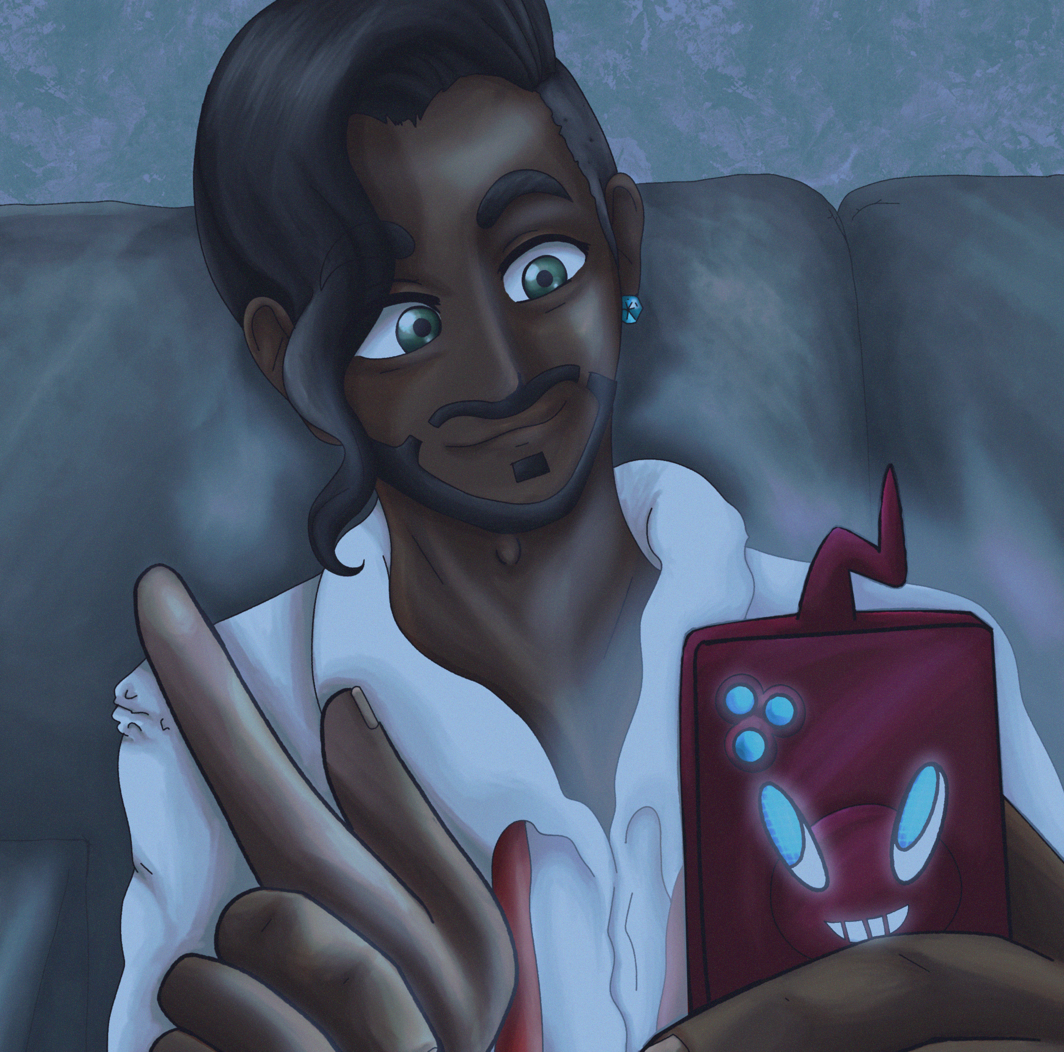 Rose checking dating apps on his Rotomfone 