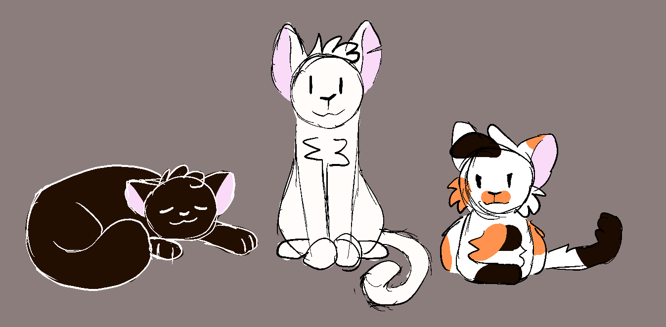 A drawing of the three kittens described in the fic. Rice is on the far left, sleeping, Little Bastard is in the middle, sitting up and looking attentive, and Crow is on the right, laying down and looking mischevious.