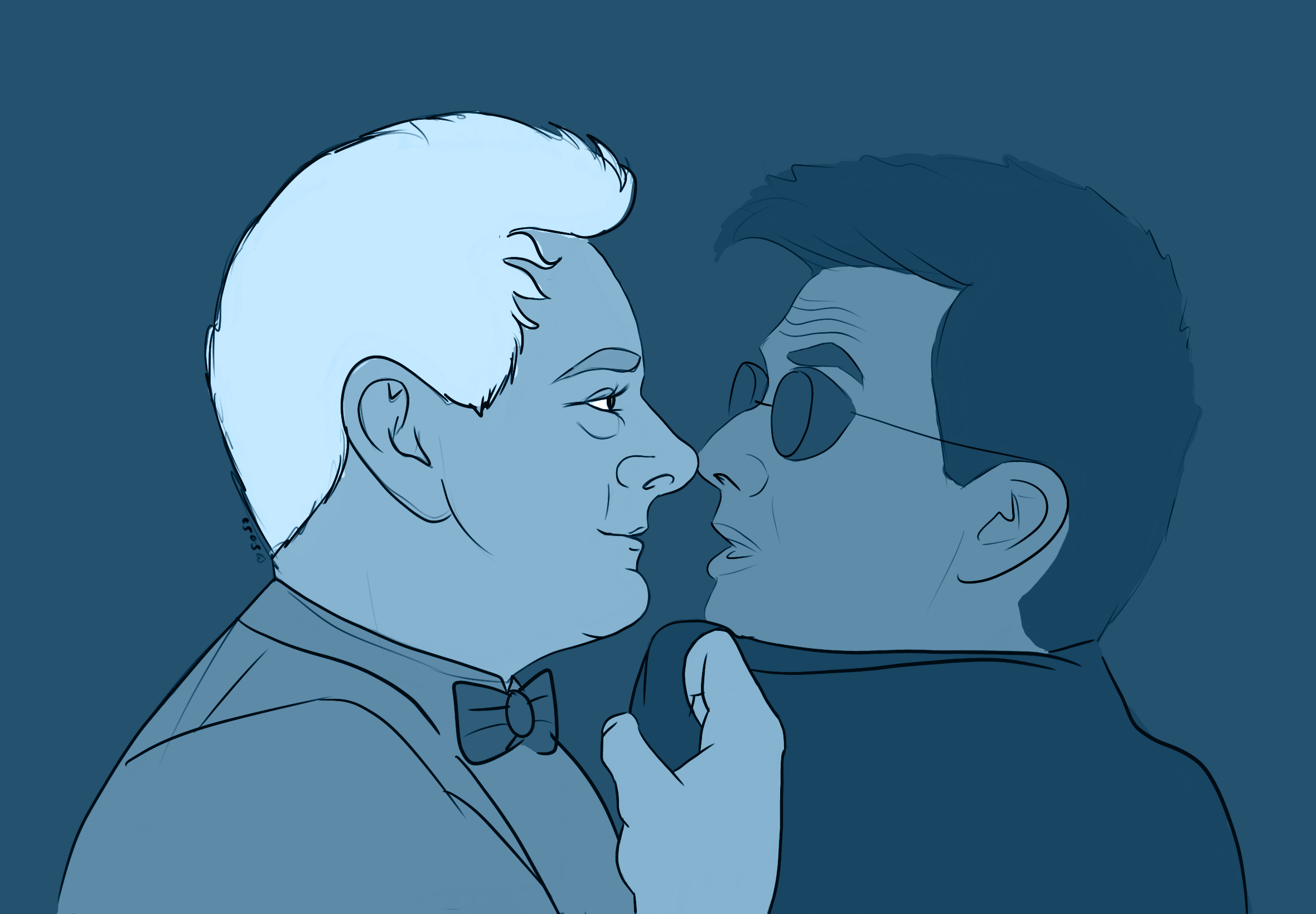 Art of Aziraphale holding Crowley by the lapels of his shirt. Aziraphale is smug; Crowley is surprised.