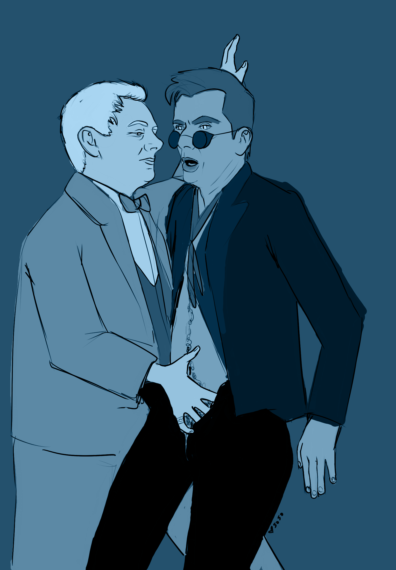 A picture of Aziraphale crowding Crowley against the wall, with one hand braced against the wall and another down Crowley’s pants. Crowley’s pants and shirt are open and his glasses have slipped down his nose.