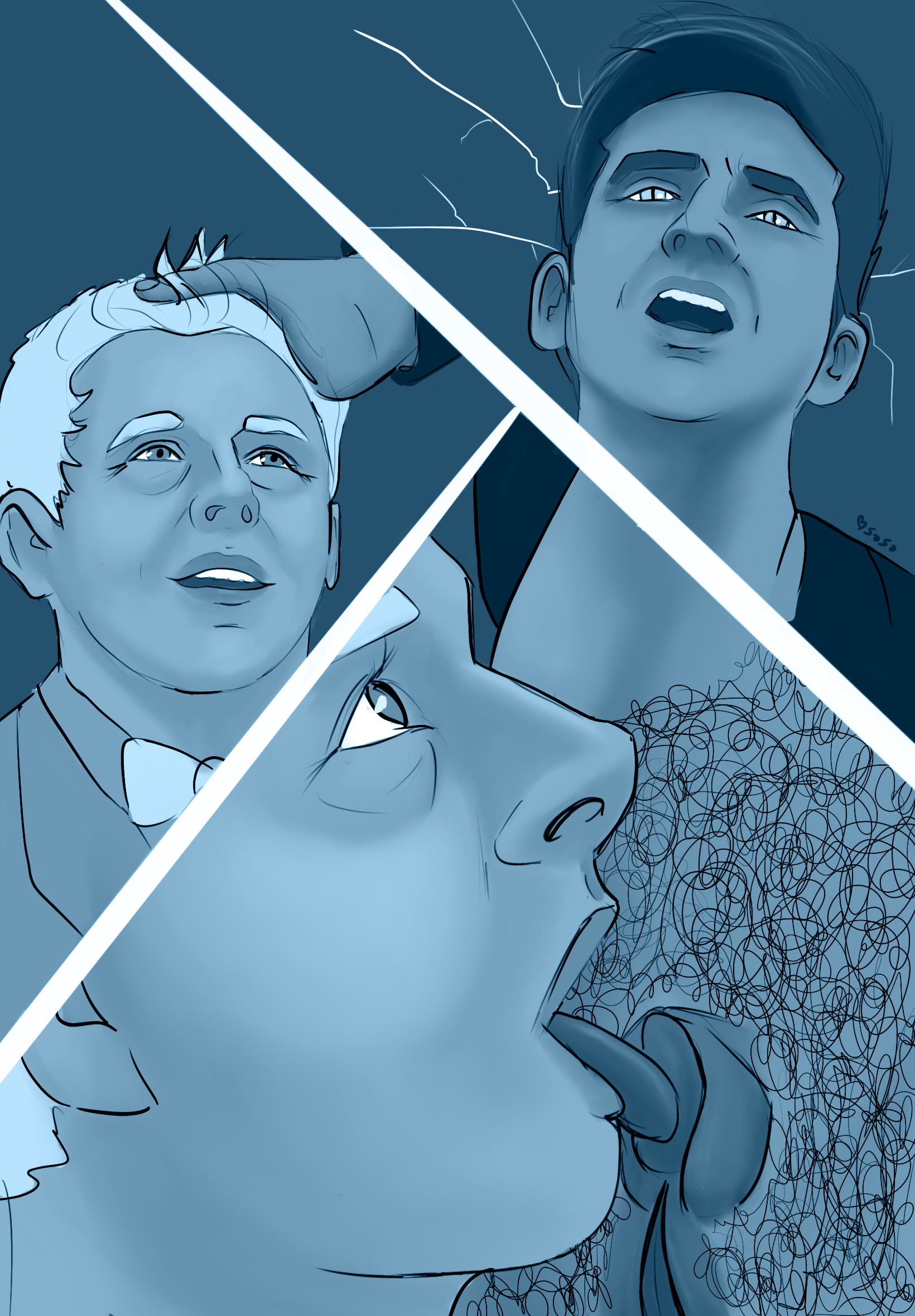 A three panel fanart. The top panel shows Crowley’s head thrown back against the wall, with cracks behind him. The left panel shows Aziraphale looking up at him, with Crowley’s hand in his hair. The bottom panel shows Aziraphale licking Crowley’s t-dick in profile.
