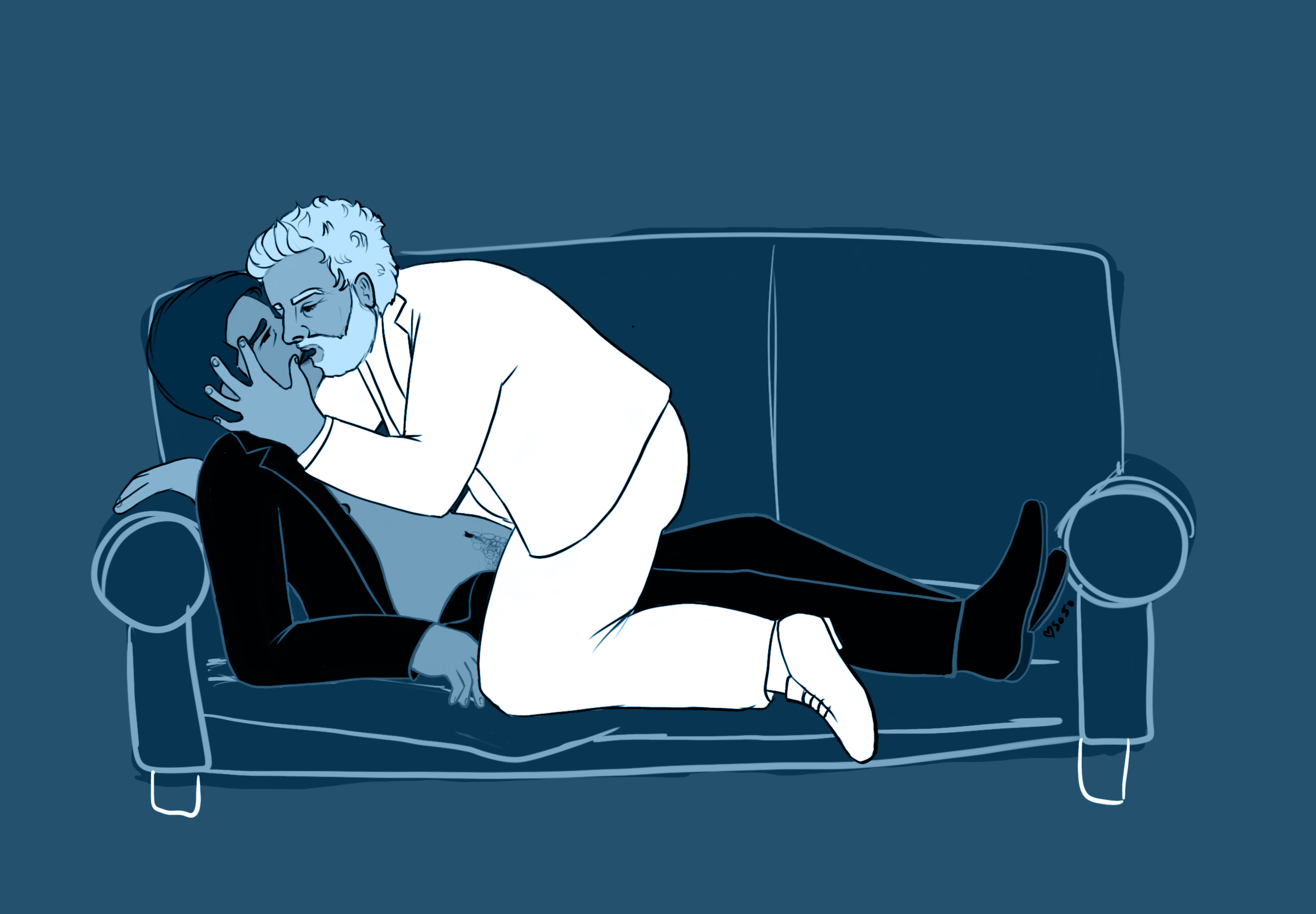 A fanart of Aziraphale and Crowley kissing on the sofa.