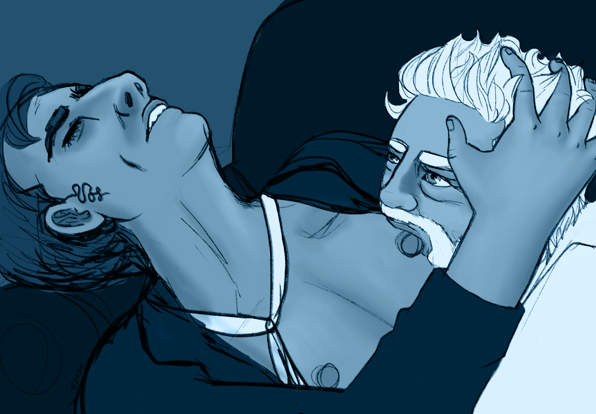 Art of Aziraphale sucking Crowley’s nipple on the sofa. Aziraphale looks up at Crowley, whose eyes are closed and head is back.
