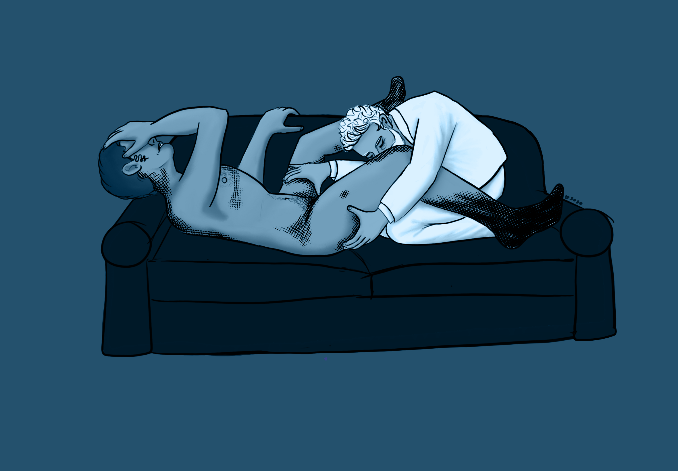 Art of Aziraphale and Crowley on the sofa. Crowley is entirely naked, with scales appearing up his legs, back, and groin. Aziraphale is fully dressed, kneeling between his legs on the sofa and kissing the inside of his thigh.