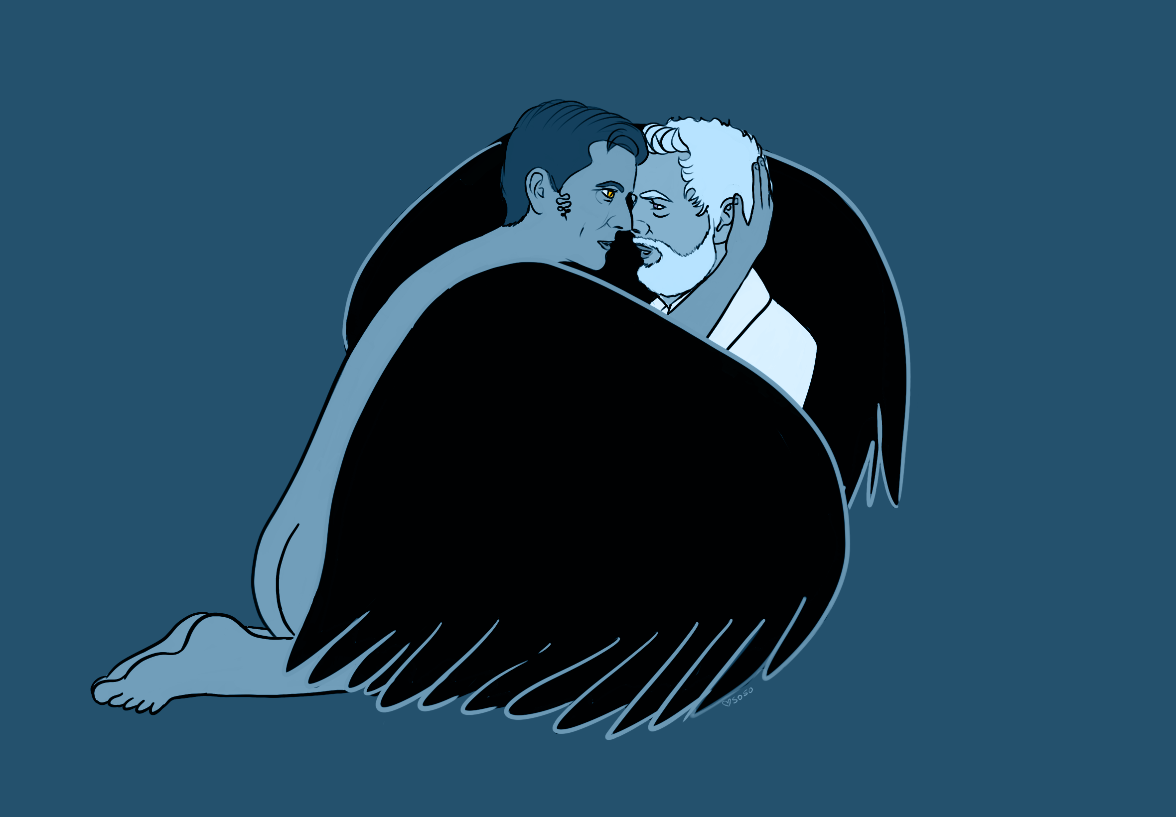 Art of Aziraphale and Crowley kneeling with their foreheads pressed together. Crowley’s wings surround them, and Crowley is cradling Aziraphale’s head.