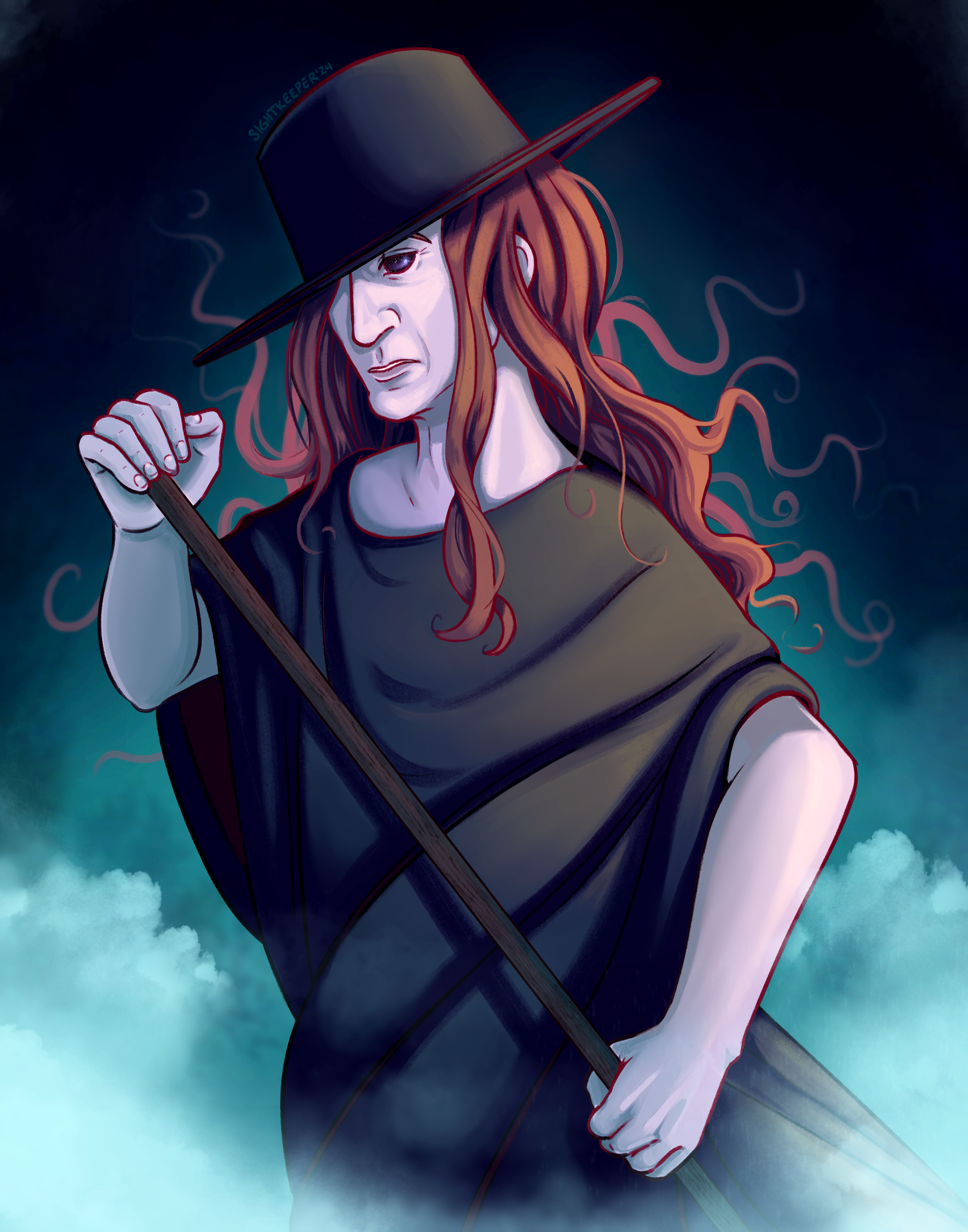 A thin, pale figure looking into the camera, holding onto a long oar with both hands. He has black eyes and long, red hair, and is wearing a black toga and wide brim hat. His glare warns you to be wary as a mist rises around him and wisps of red hair rise around his face