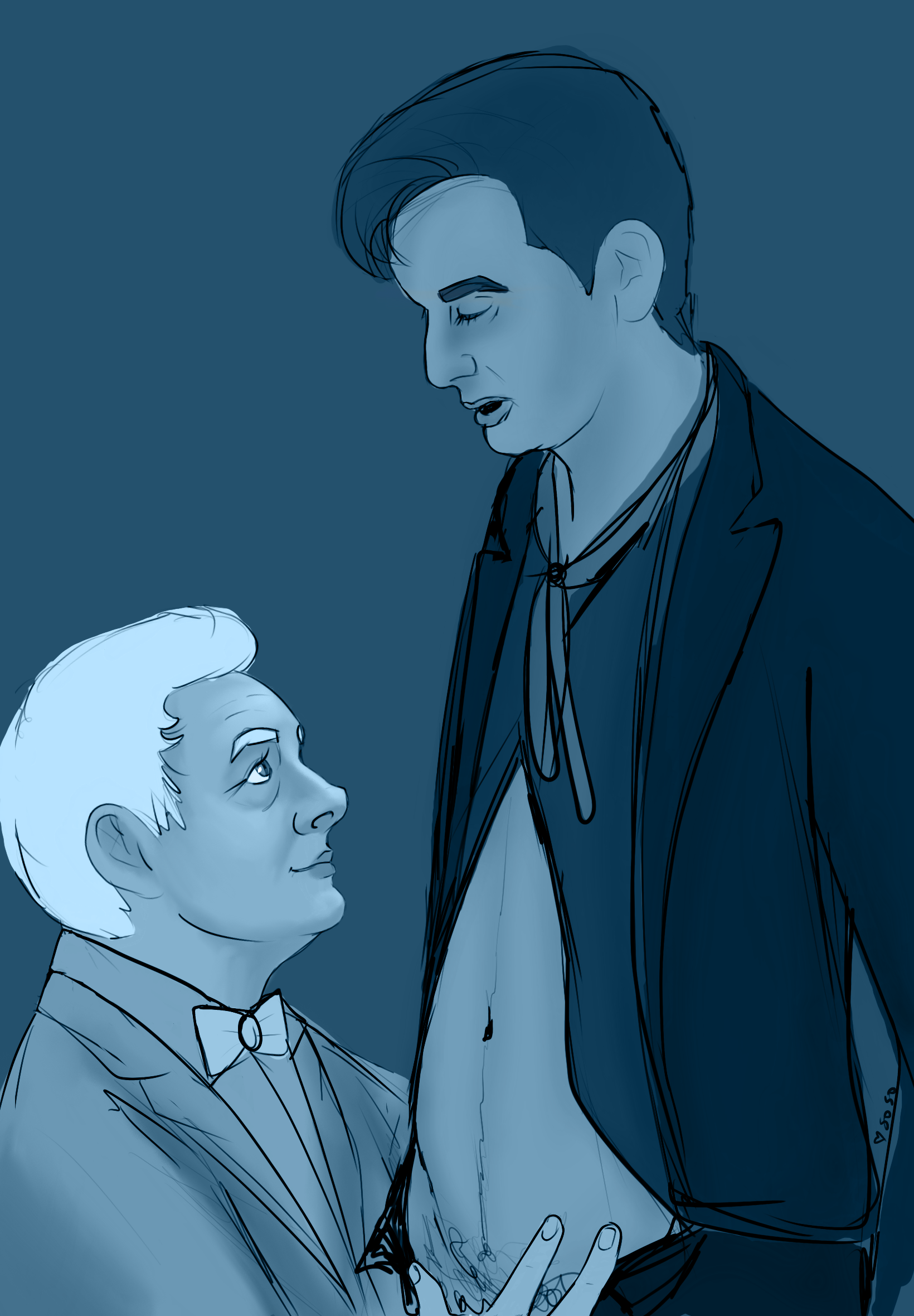 A picture in which Aziraphale kneels before Crowley, looking up at him with a soft smile.