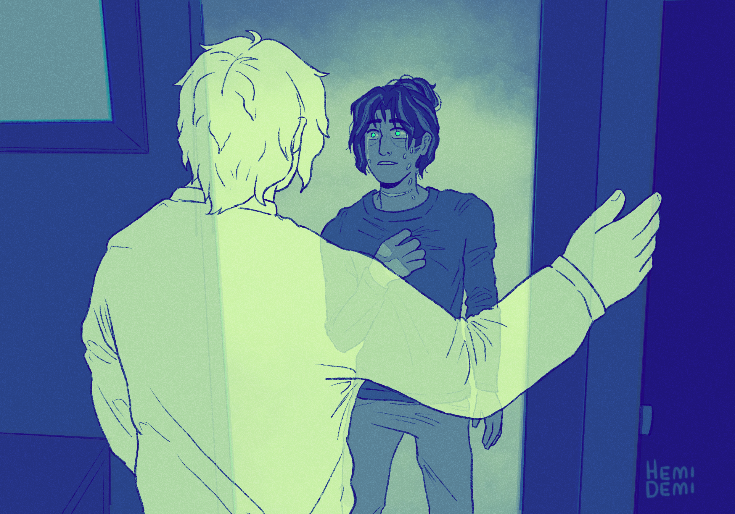 Drawing of Jon looking up at Martin while standing at his front step, surrounded by a dense fog. He is crying but looks to have a slight smile, as if he is releived. Martin is shown from behind, so his expression is not visible, but he is transluscent, like a ghost