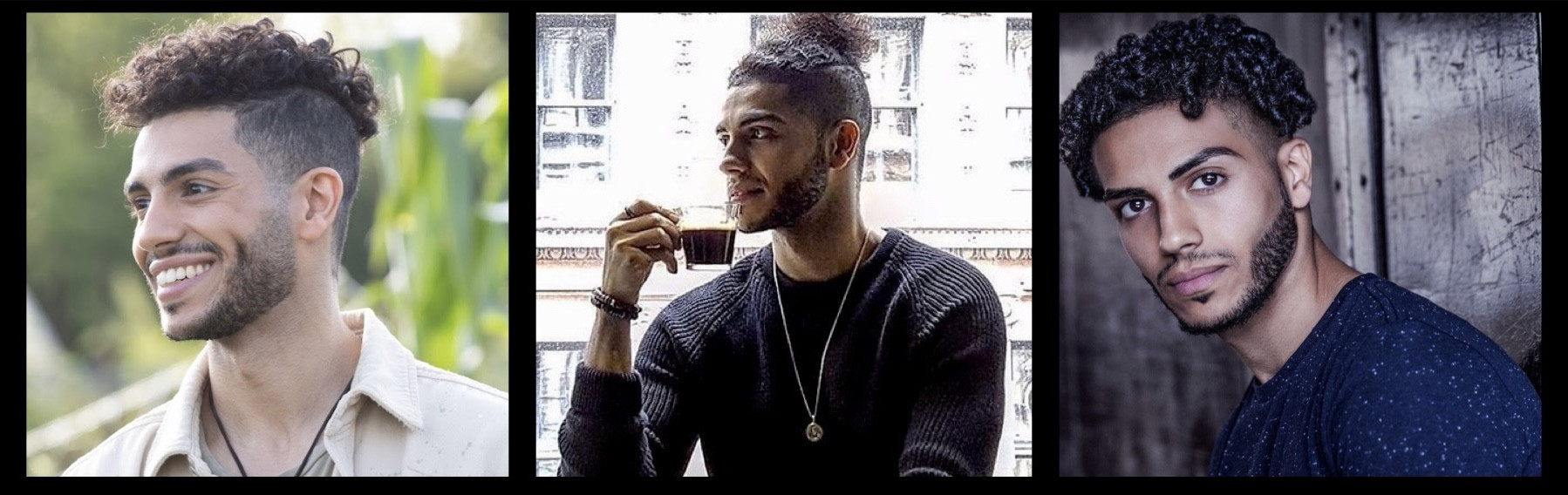 Three images of Egyptian male with black, curly hair, dark brown eyes