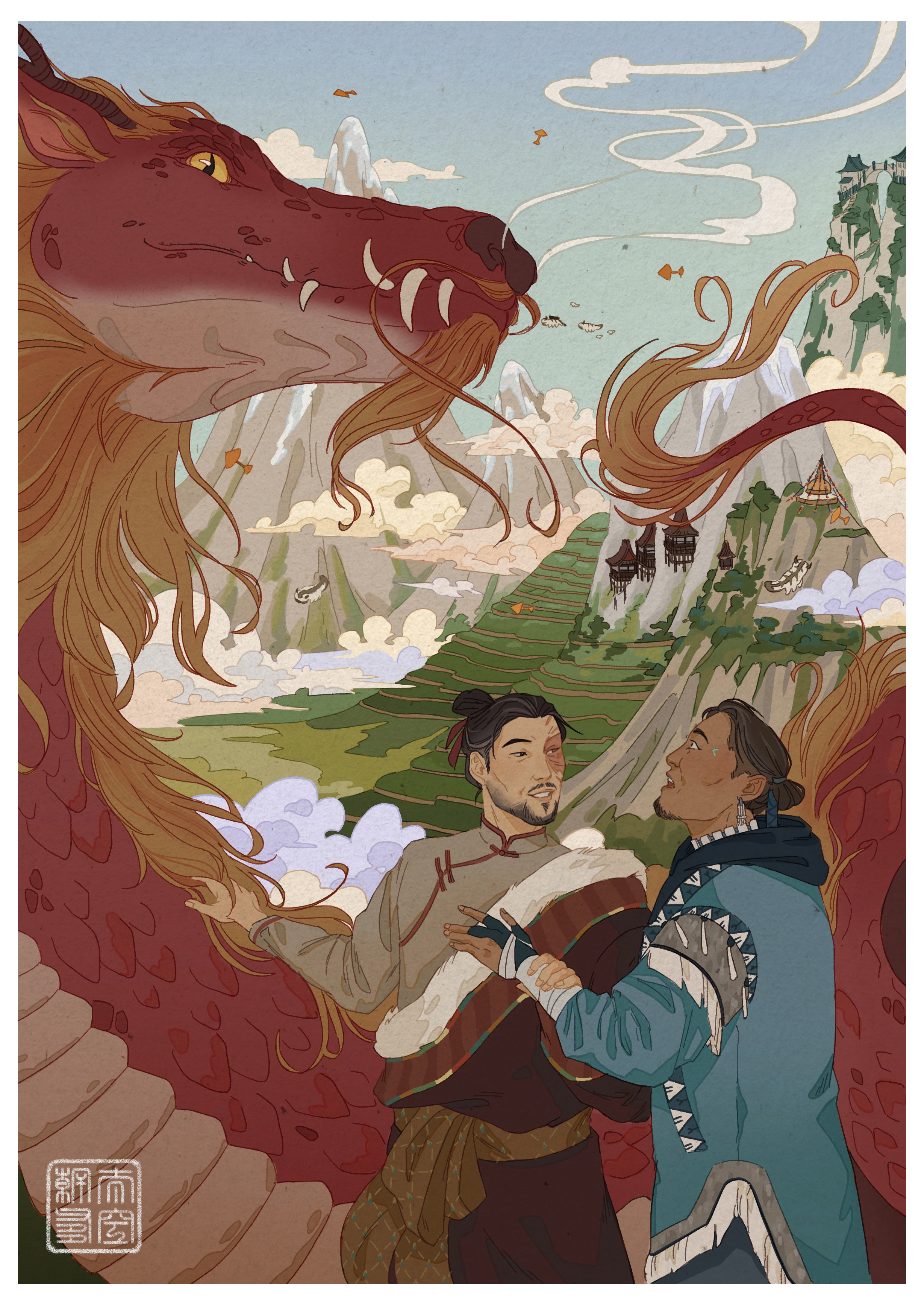 A colored drawing of Sokka, Zuko and Druk. Zuko is standing next to Druk and has one hand on his back. The other brings Sokka’s hand near Druk. Sokka looks scared and hesitant, looking up at Druks’ big snout. The background is a landscape from Emptiness II, full of green hills and mountains, with a few sky bison and gliders flying around.