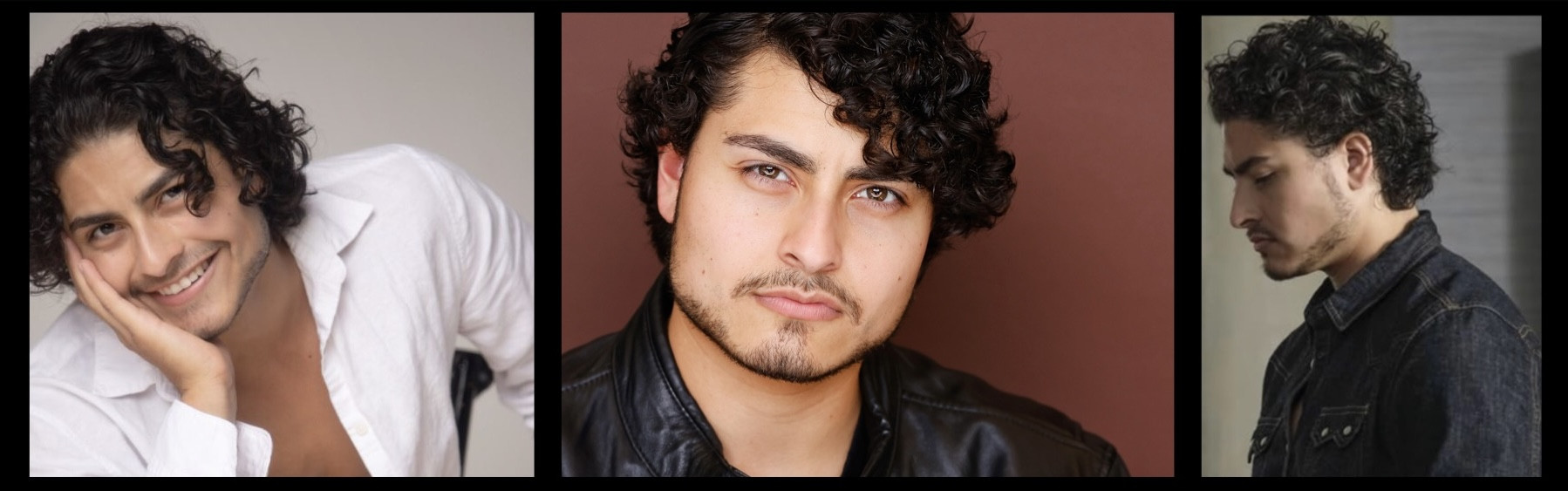 three images of Latino man with black, curly hair, dark drown eyes