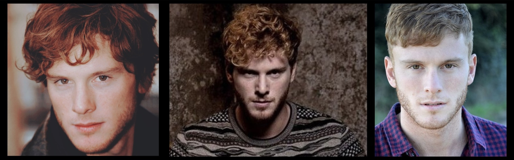 three images of man with red, wavy hair, medium brown eyes