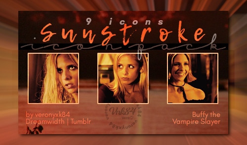 image with teaser of three icons representing close-ups of actress Sarah Michelle Gellar as Buffy Summers with yellow color filter
