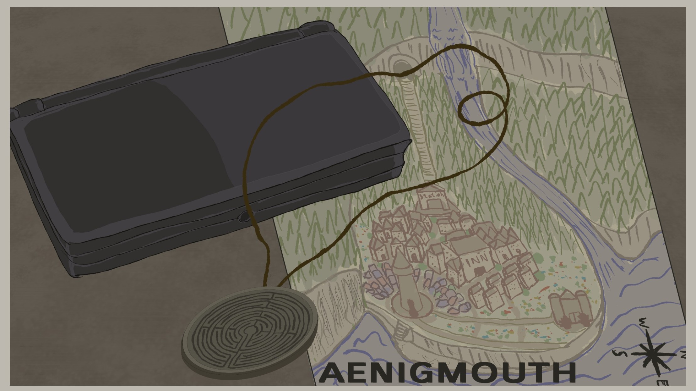Illustration showing a map of Aenigmouth, the dualscreened Sphinx device, as well as the circular labyrinth medallion.