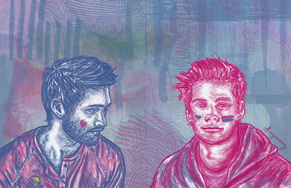 Derek Hale stands on the left, outlined in blue and wearing a pinkish red henley. He is wearing a waxing moon crescent pride pin and has a pink heart painted on his cheek. Stiles Stilinski stands to the right, outlined in pink and wearing a blue hoodie. He has a blue heart and the bi flag painted on his face on each cheek.