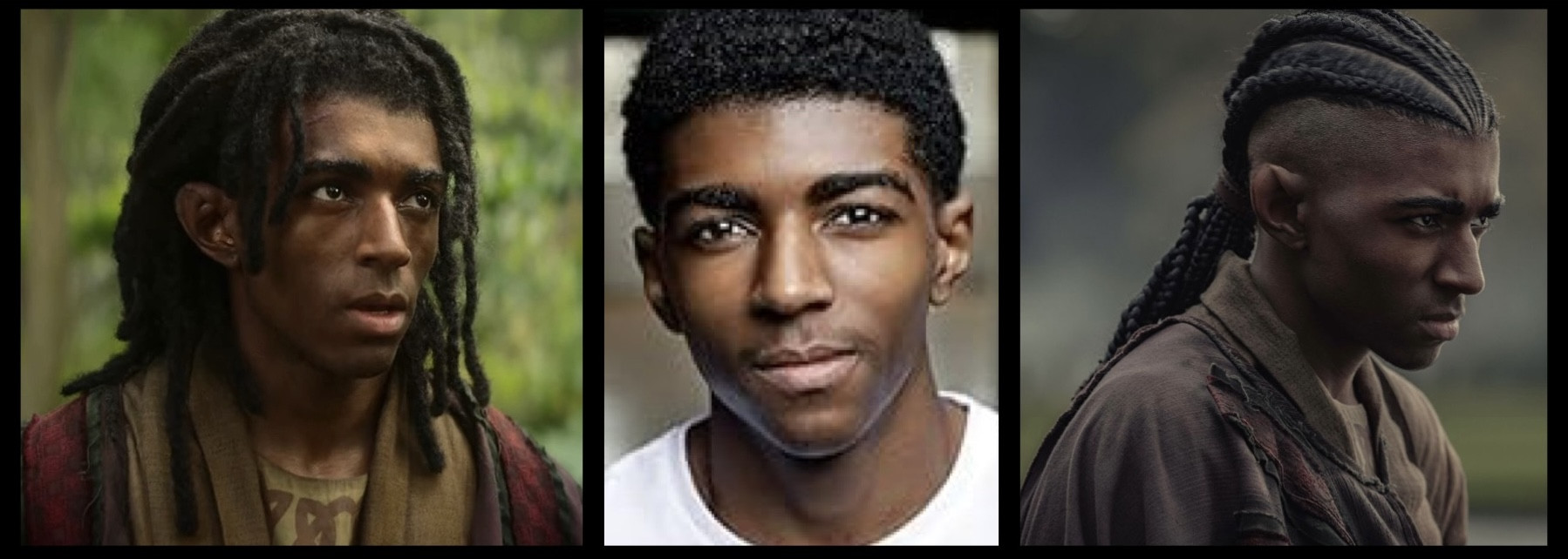 Three images of black man with black, tight curly hair, dark brown eyes