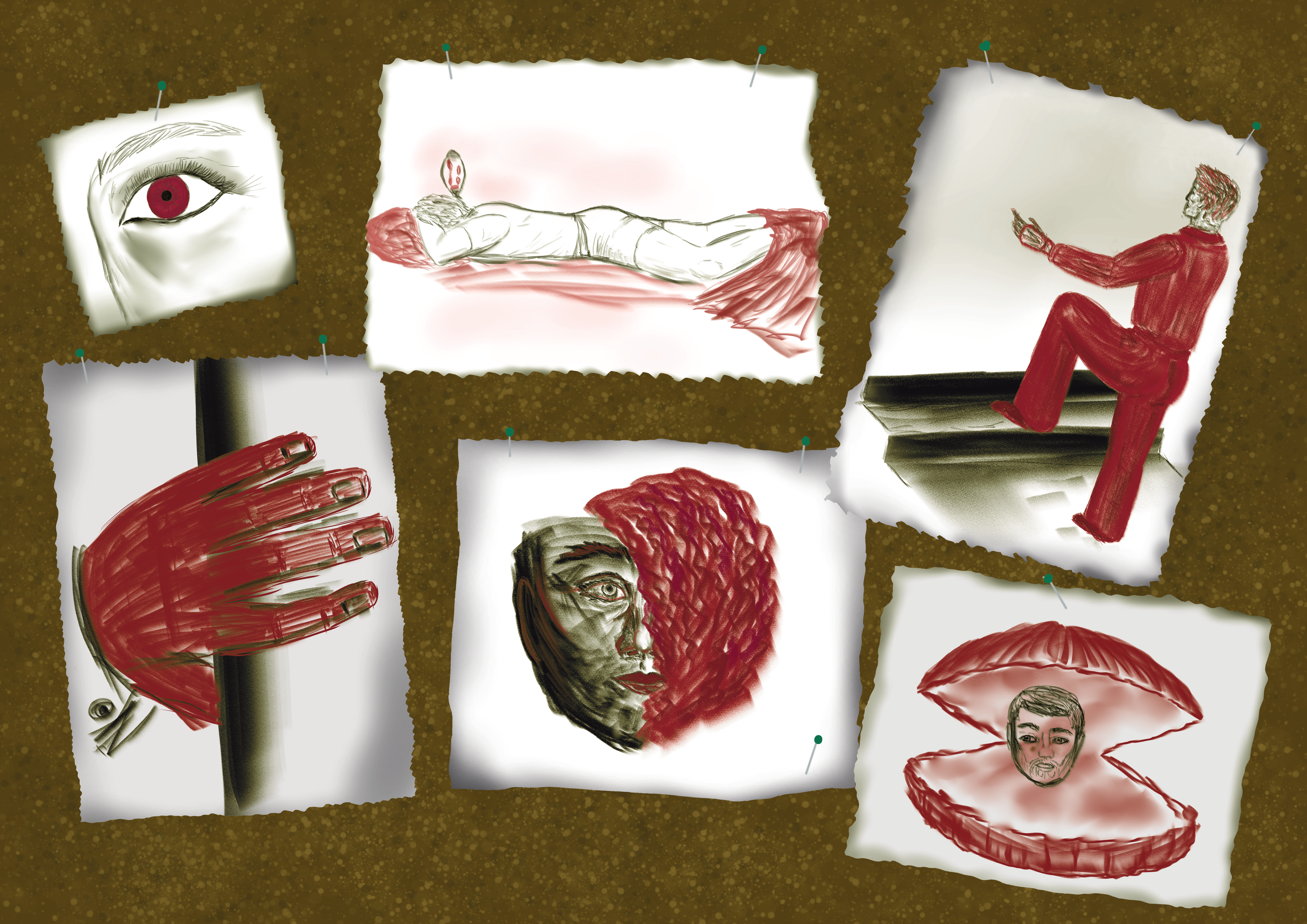 A digital illustration of a corkboard, to which are pinned six drawings done in a combination of charcoal and red oil pastels. Going clockwise from the top left corner, there's an up close sketch of Dean's eye in which the iris is bright red; a drawing of Dean stretched out asleep in his own bed with a lava lamp on his nightstand in the background; a full body rendition of Dean standing in front of a pair of steps, one foot braced and arms out ready to carry something; a drawing of Dean's head inside a giant, red clamshell; Dean's face peeking out from behind a blood red brain coral; Dean's hand, colored blood red, gripping the edge of a door.