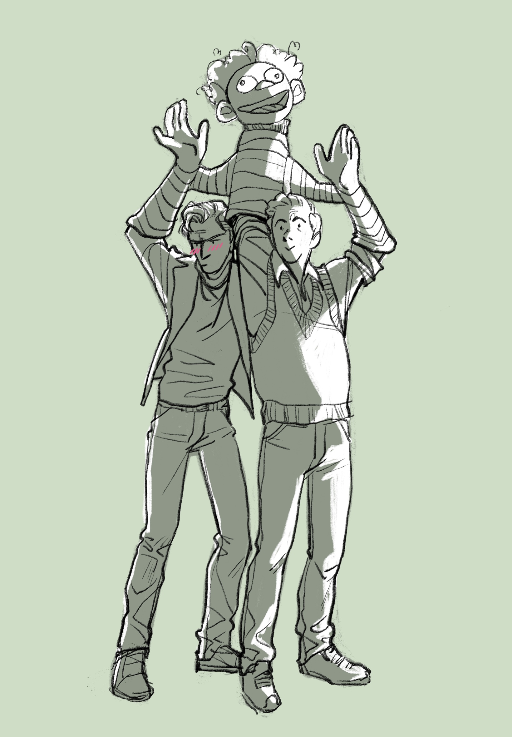 Image by Queen of the Cute of an alternate universe human puppeteer version of Aziraphale and Crowley. Aziraphale and Crowley are holding up a hand and glove puppet above their heads as though filming for television. Aziraphale's left hand is in the puppet, and his right hand is operating the mouth of the puppet. Crowley is standing to his right and has his right hand in the right hand of the puppet. The puppet has curly hair, big googly eyes, and is wearing a striped shirt. Aziraphale is wearing a sweater over his shirt and Crowley has a jacket over his shirt. The picture is monochrome with shadows indicating stage lighting. Crowley has red on his cheeks, like he's blushing or embarrassed, and is standing very close with Aziraphale.
