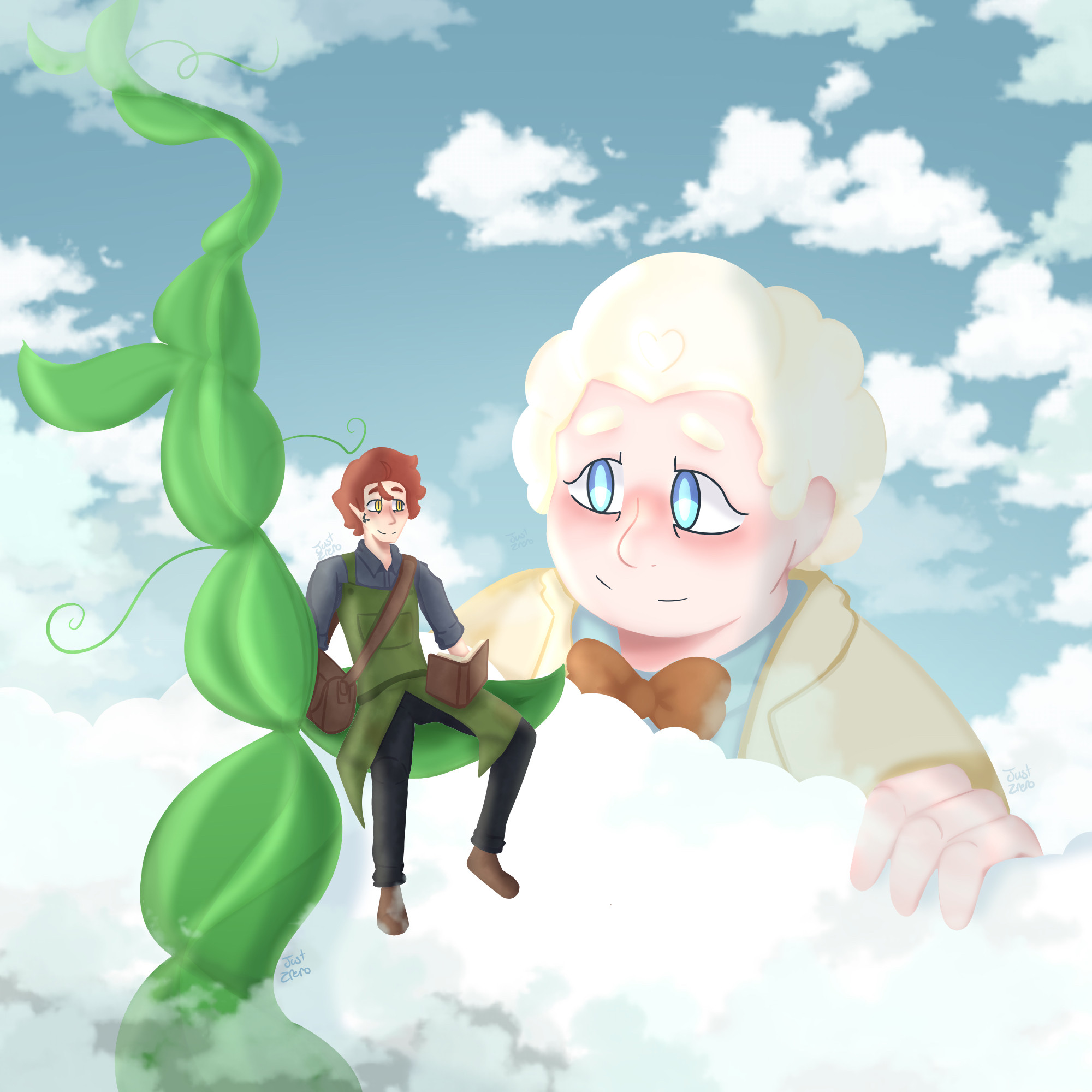 Image by Justzrero of a Giant Aziraphale up in the clouds, looking adorably at a very small Crowley who is sitting on a vine of a giant beanstalk, reading him a story. Crowley is wearing brown shoes, black pants, a grey shirt, and a green smock. Aziraphale is wearing his signature beige coat, blue shirt, and brown bowtie.