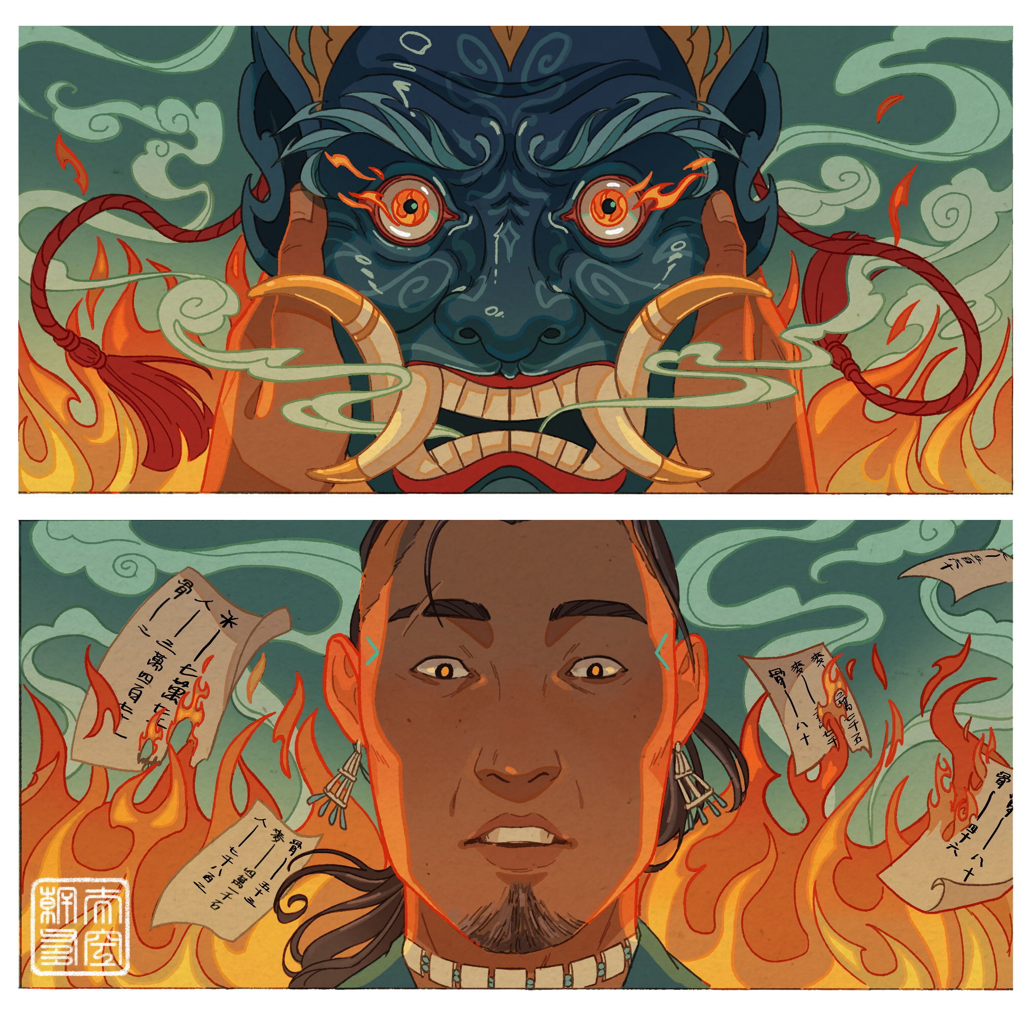 In the first panel, the mask of the Blue Spirit is clutched between Sokka’s hands. It is fearsome and snarling, with fire coming out of its eyes and smoke coming out from its mouth. Behind it are livid flames. In the second panel, Sokka is staring at it in shock. The fire surrounds him from behind, with the incriminating tallies kept by Zuko burning up behind him. Fire reflects in his eyes.