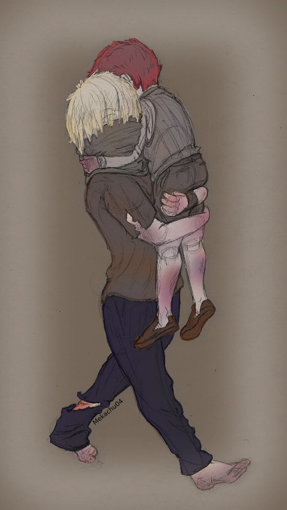 Killer started picking his way back out of the former building, whispering, 'close your eyes' as they passed auntie, 'keep them closed' he murmurer, when he spied Eustass' body on his way out. 'It's okay... I've gotcha...'