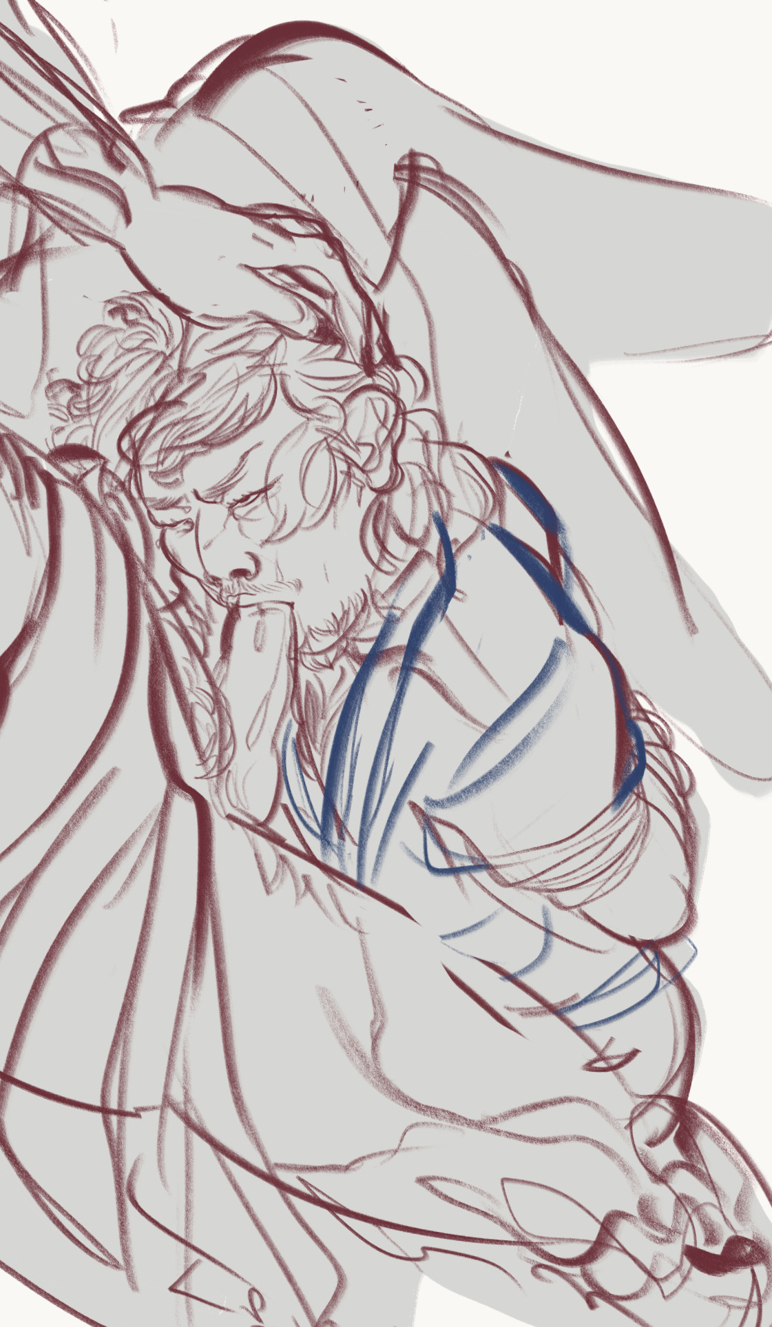 A digital sketch of an aged up jet from ATLA is resting his head against Zuko's thigh, kneeling on the ground. His arms are bound behind him as his lips are wrapped around zuko's cock. He is glaring up at Zuko as tears are streaking down his face, Mai's hand is holding his head in the position it is in. 