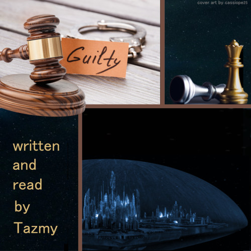 cover art for the poetic Guilty including a Free Atlantis in space, chess pieces, a gavel and handcuffs