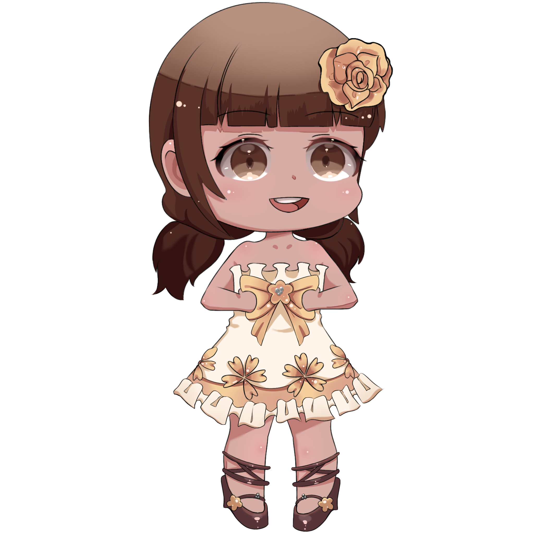 My original character, Alice Brown, in cute chibi style. A black girl with brown hair and brown amber eyes. She got a flower in her hair and flowers pattern on her white strapless dress.