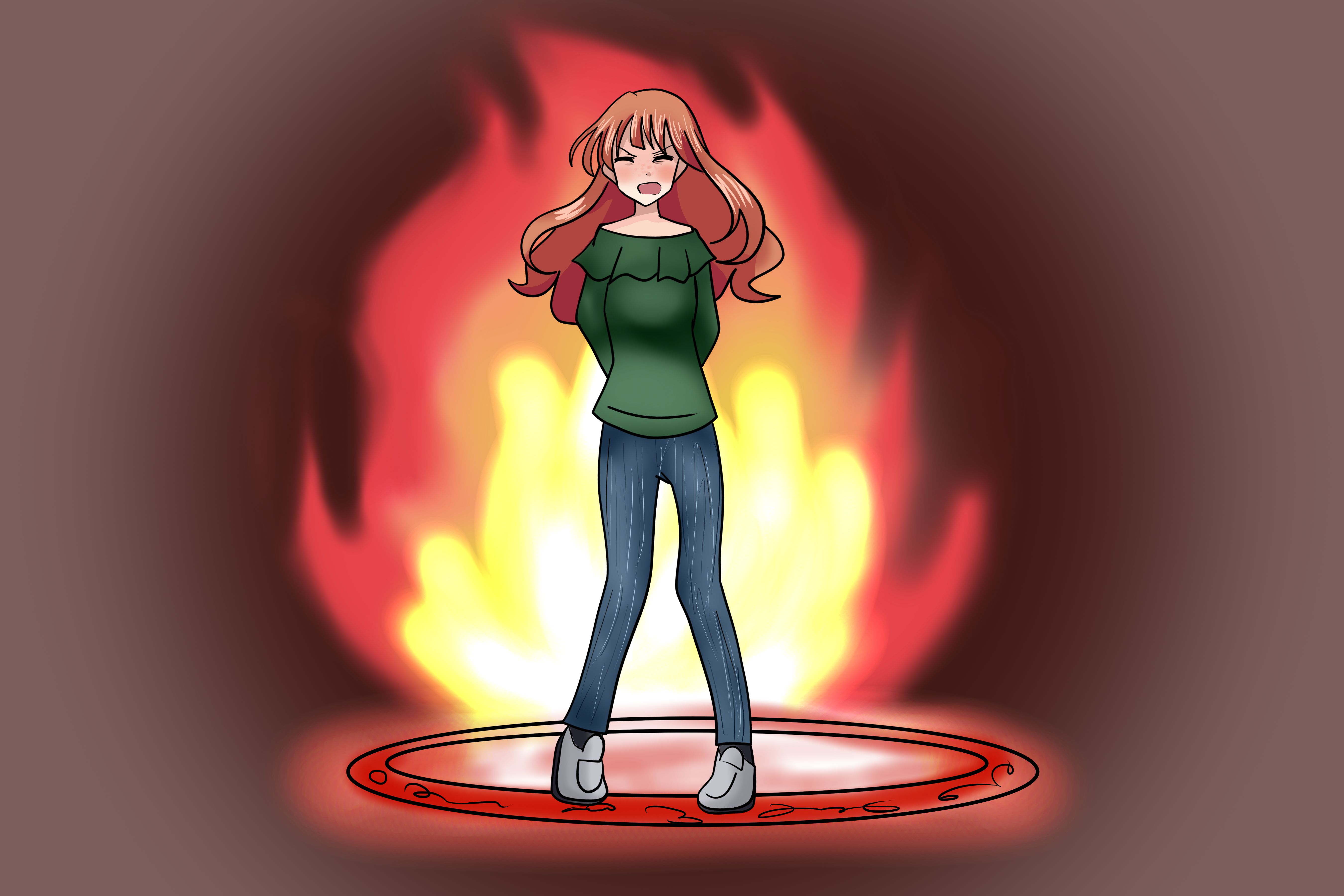 Lorange is trapped in a magic circle. Her body is consumed by fire.