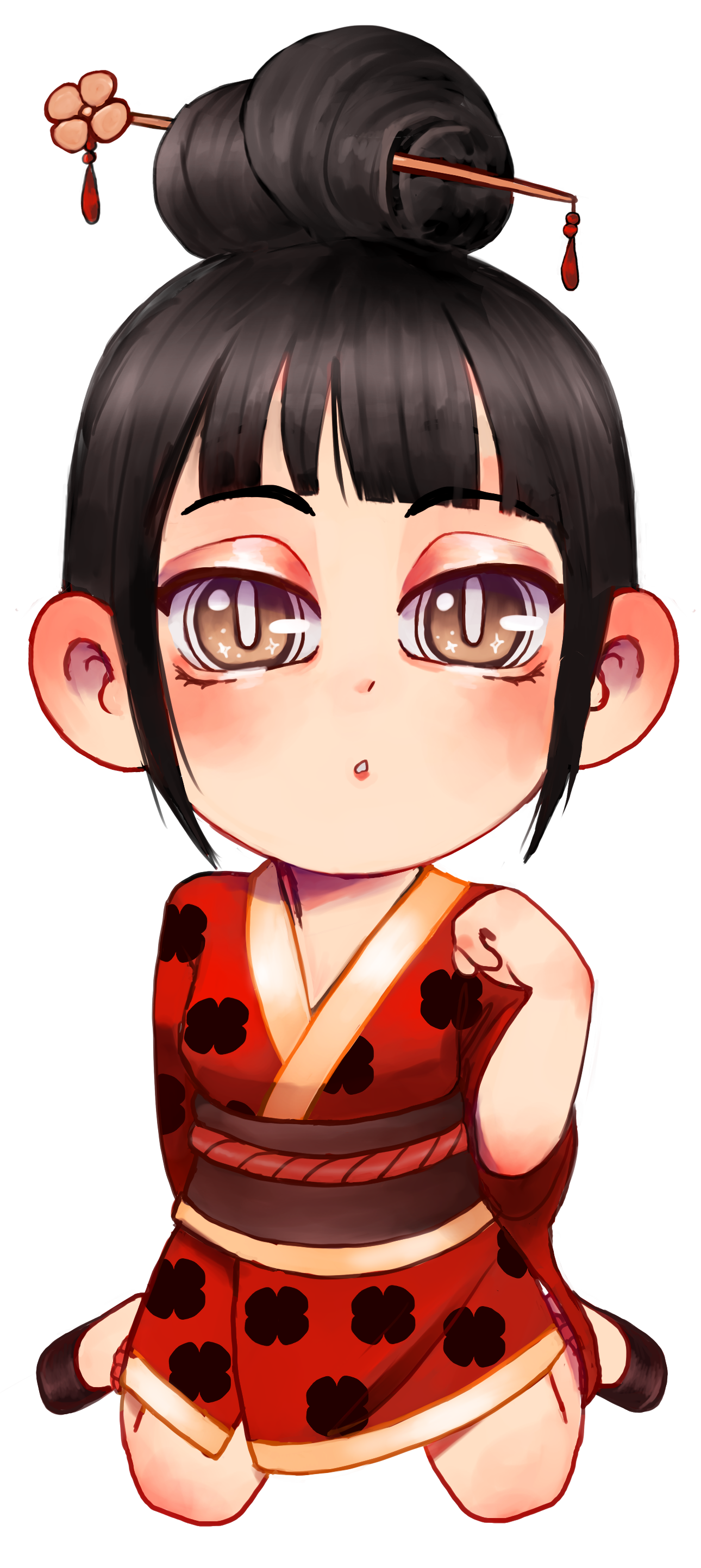 Alice Kurosawa, japanese character, in chibi style. She's sitting and wearing a red kimono.