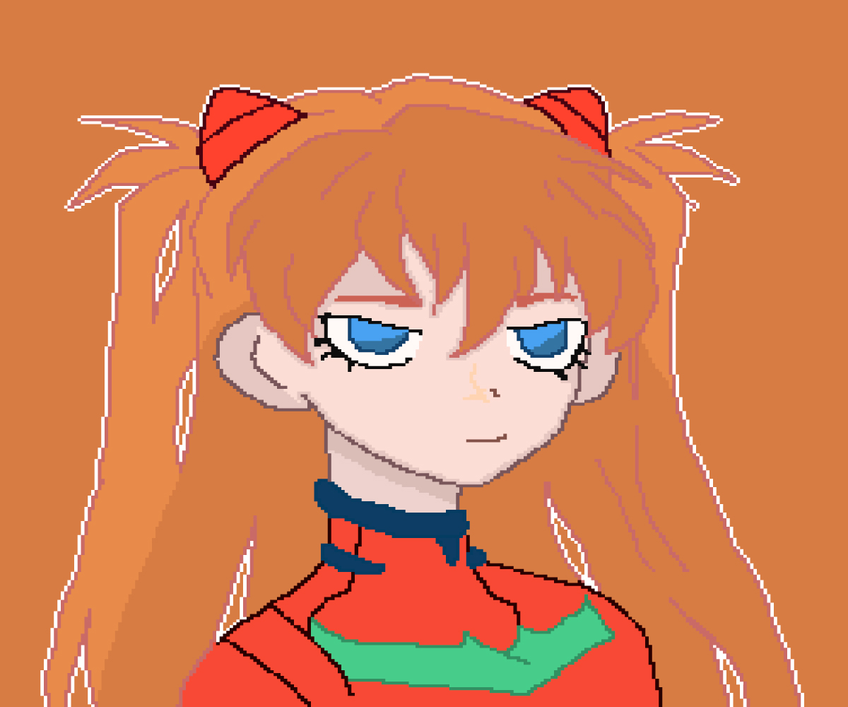 Asuka Langley Soryu en pixels. De la tête aux épaules. Elle porte son plug-suit.