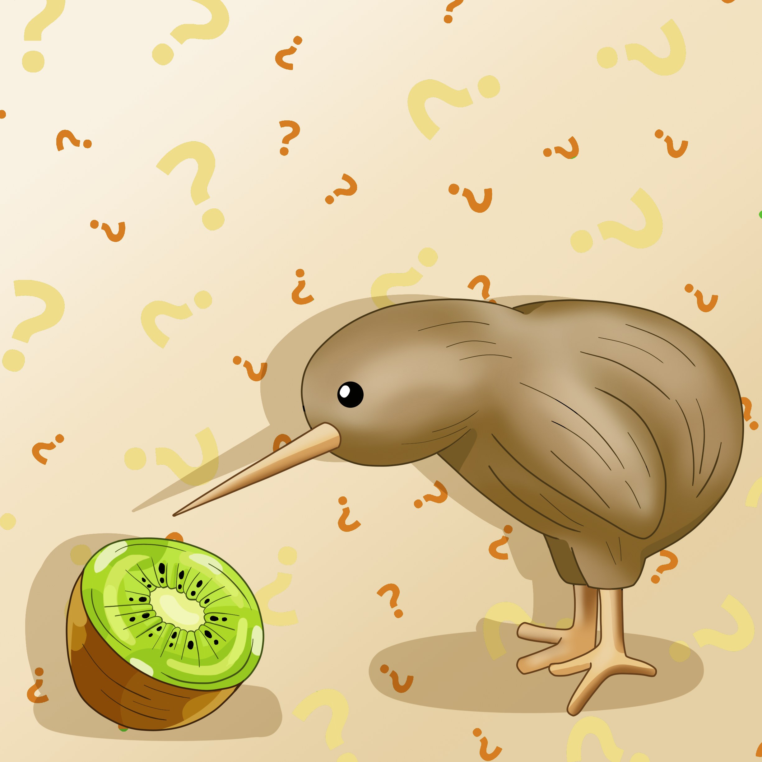 A drawing showing a kiwi bird looking at the fruit with the same name. Color.