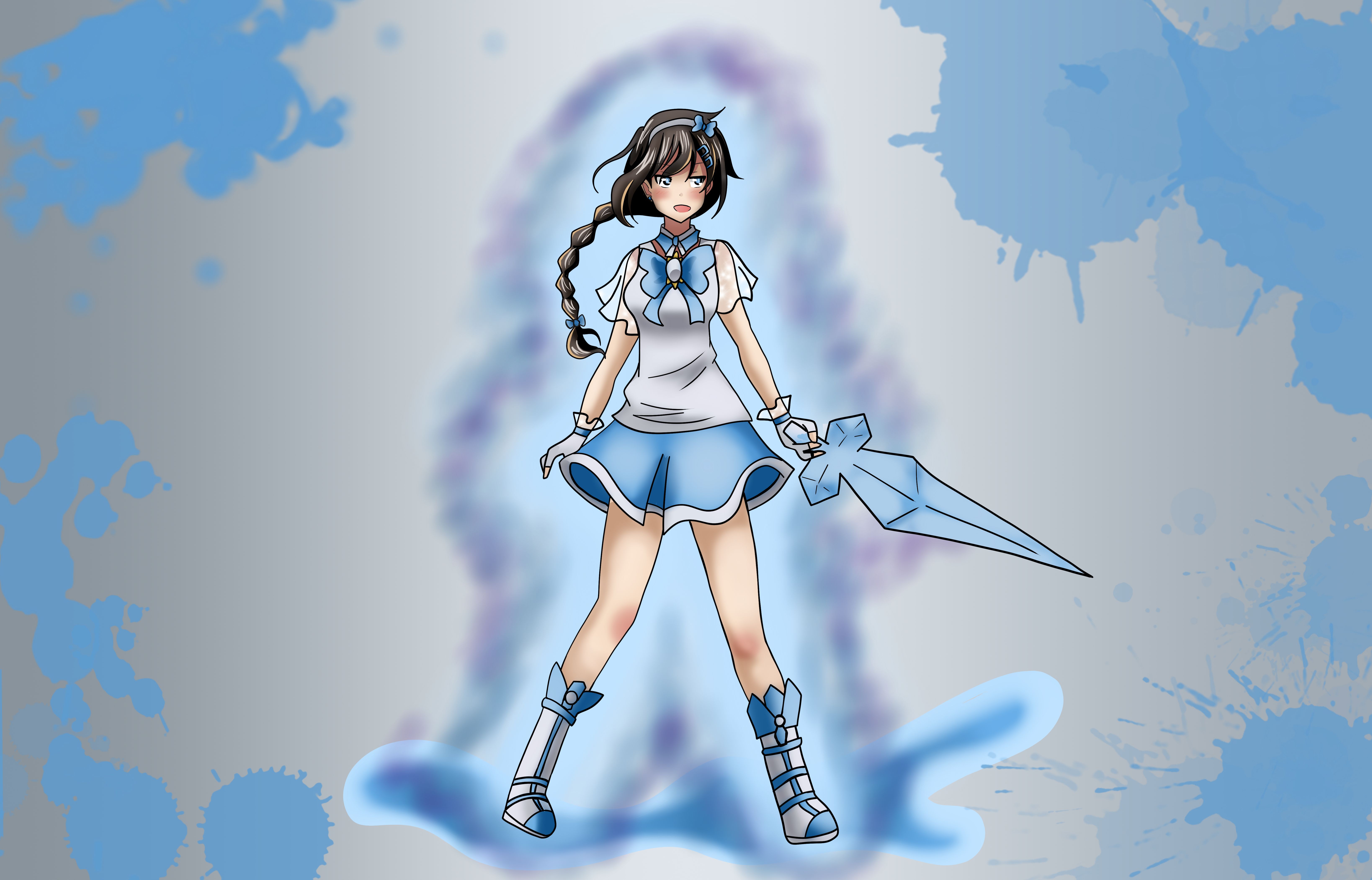 Blondinka as a magical girl. She's holding an ice sword.