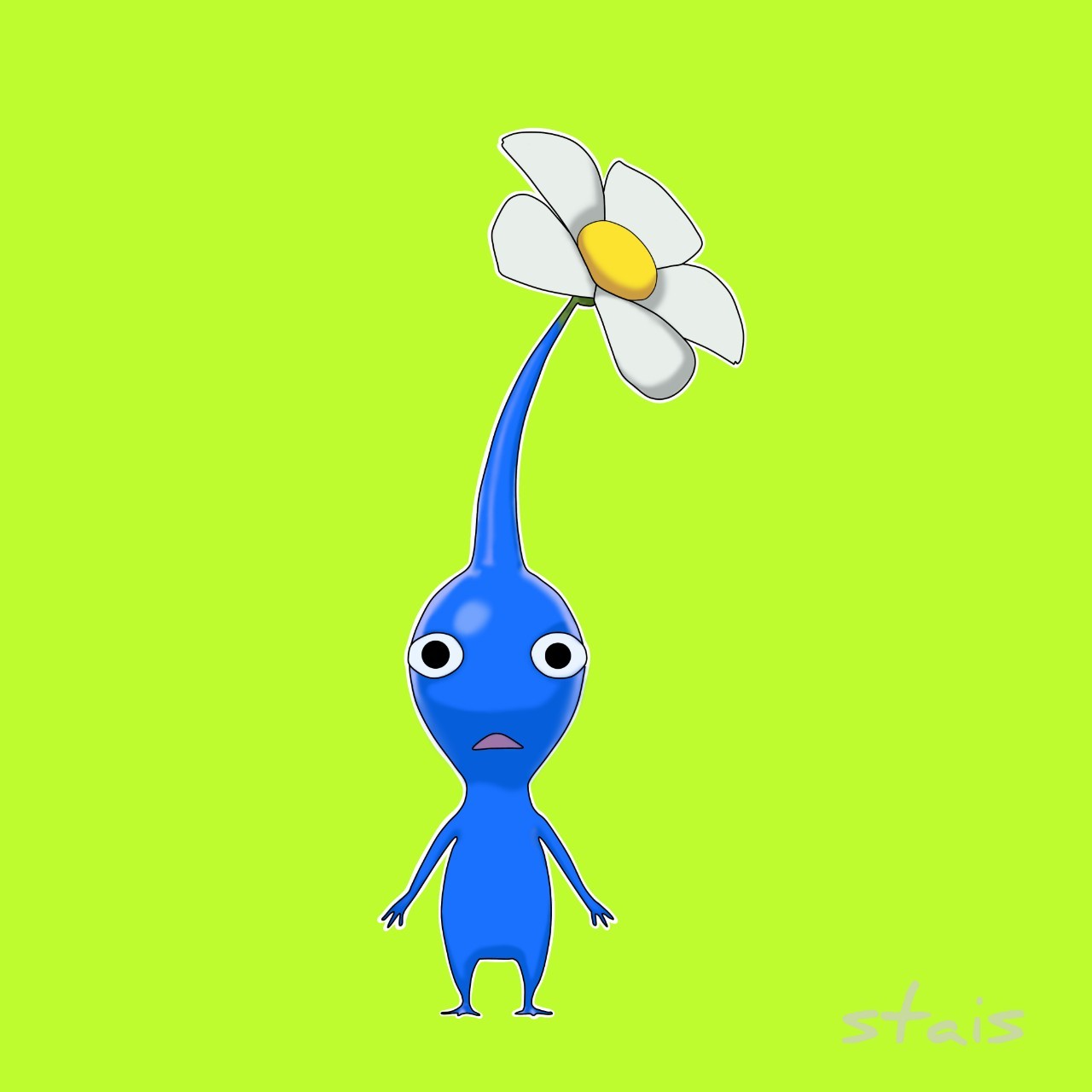 Blue Pikmin drawing by @stais-world. Commissioned art.