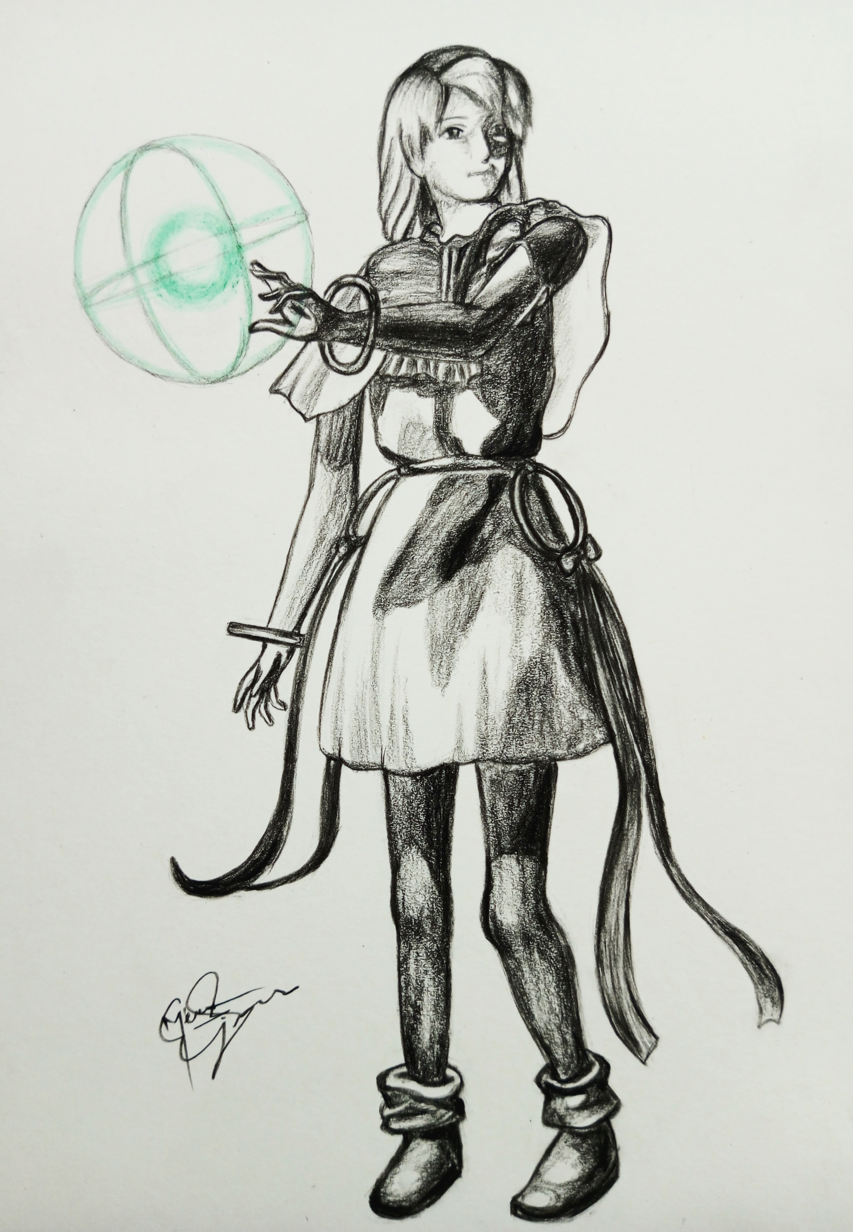 Carrie Fernandez in charcoal with color for the magic orb. Commissioned drawing from hopelessopus.