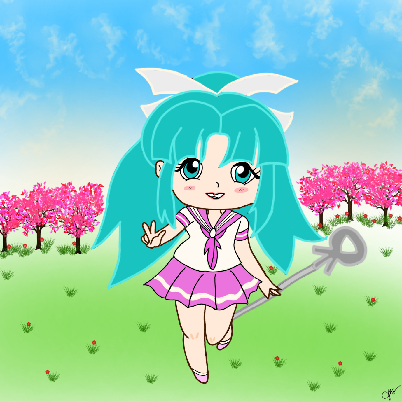 Mia in chibi style wearing a pink sailor fuku.