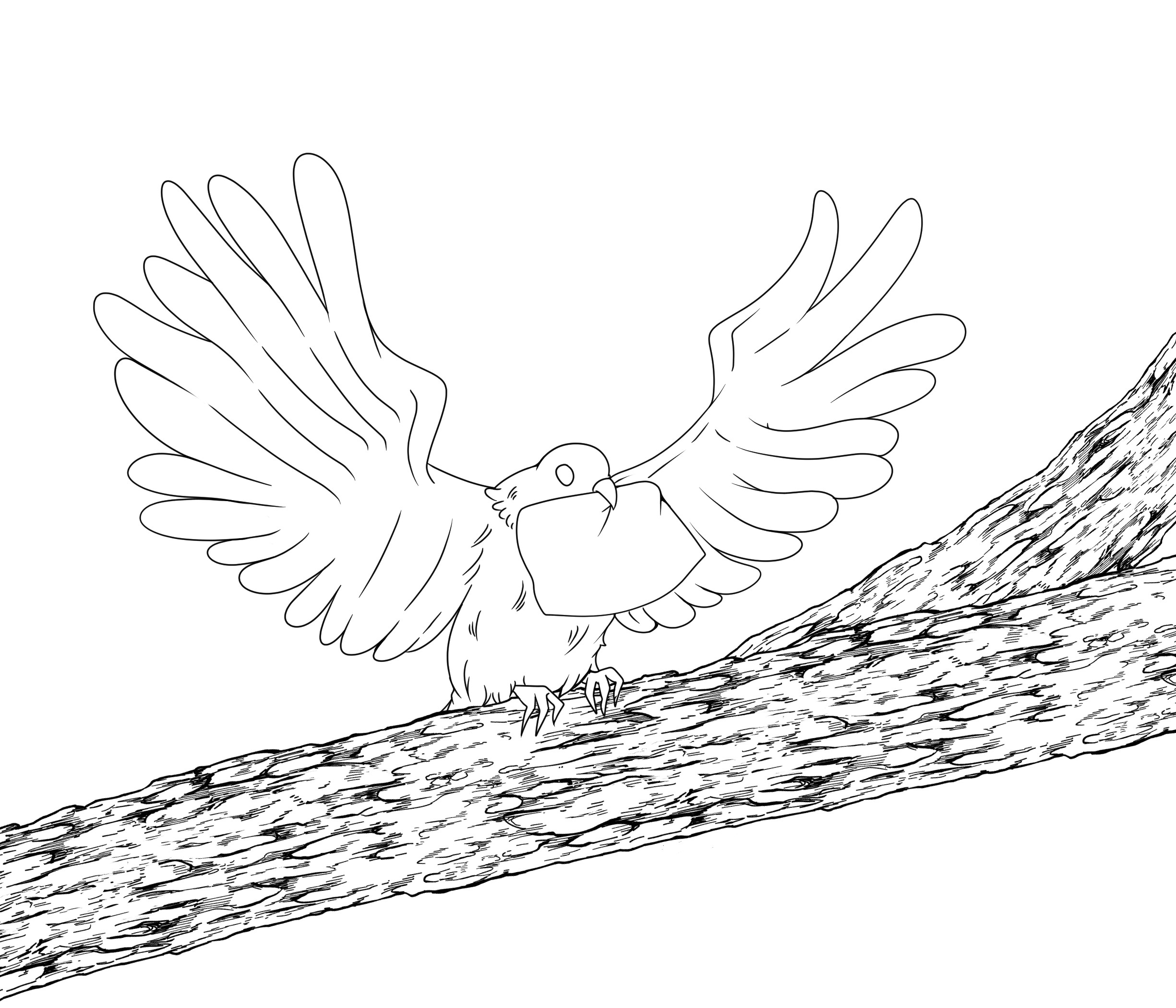 Dessin au trait. Une colombe blanche sur une branche d’arbre tient une enveloppe dans son bec.  L’oiseau à les ailes grandes ouvertes.